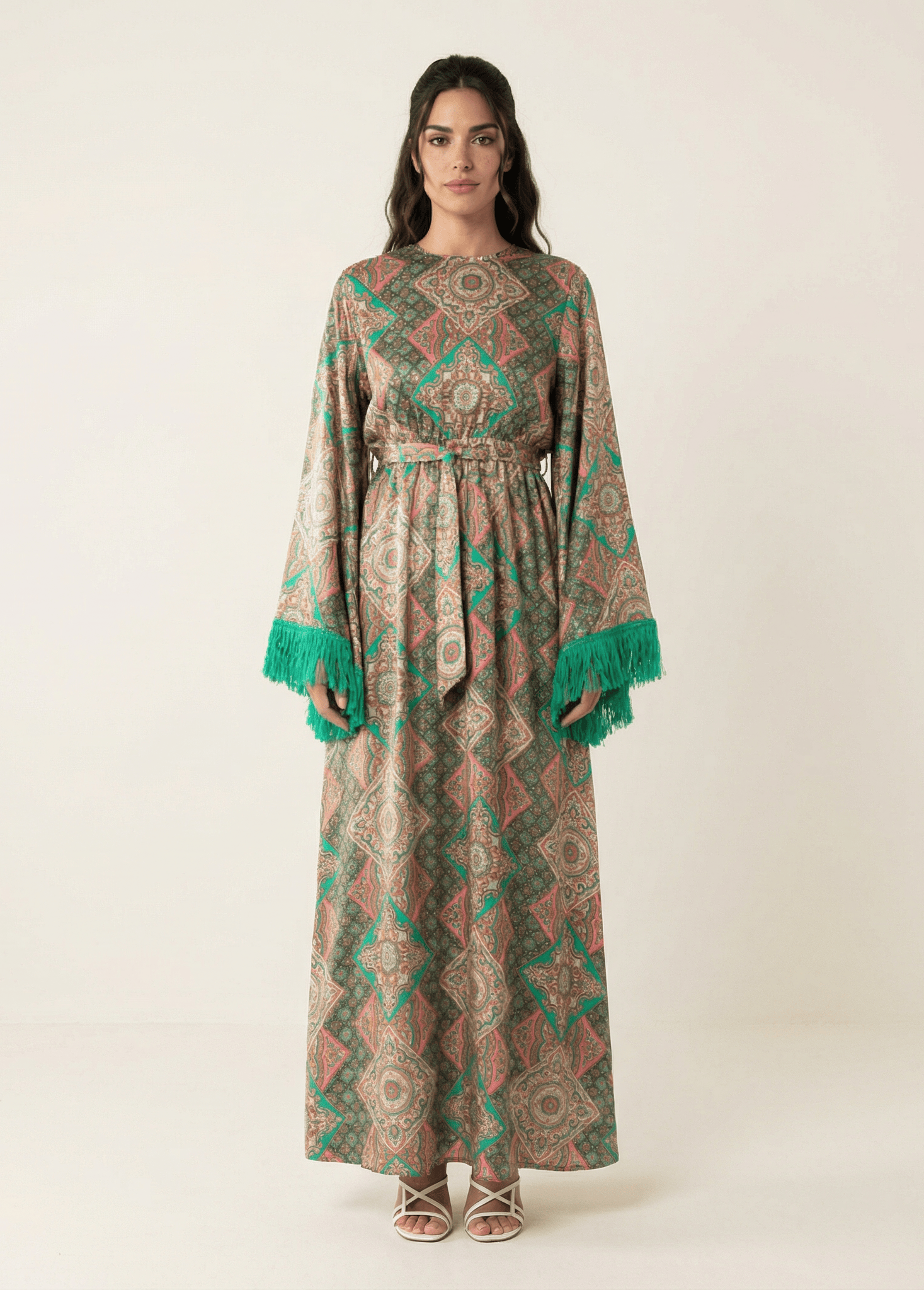 Moroccan print captivated in tassel modest maxi dress Kabayare