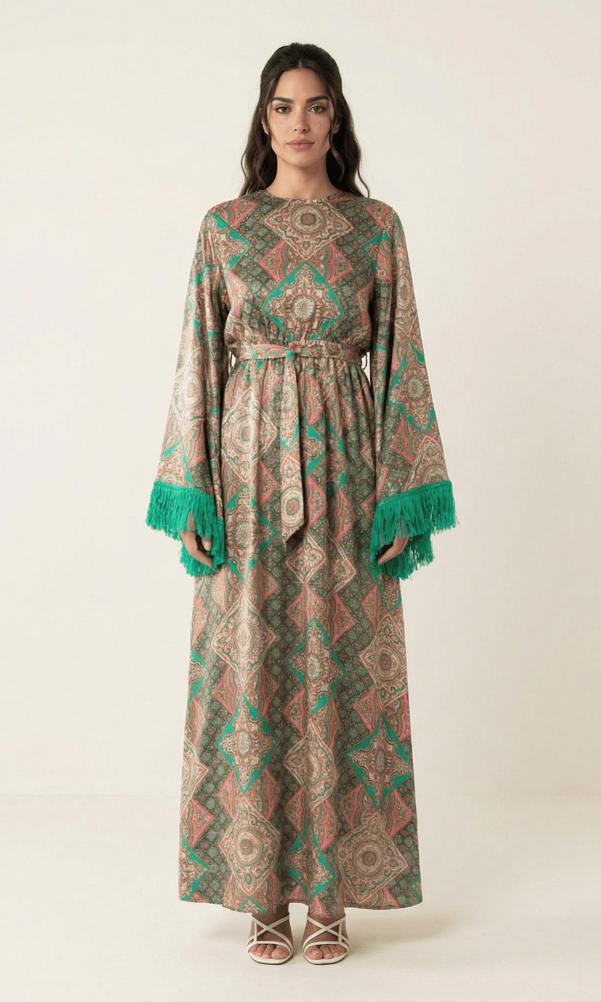 Moroccan print captivated in tassel modest maxi dress Kabayare