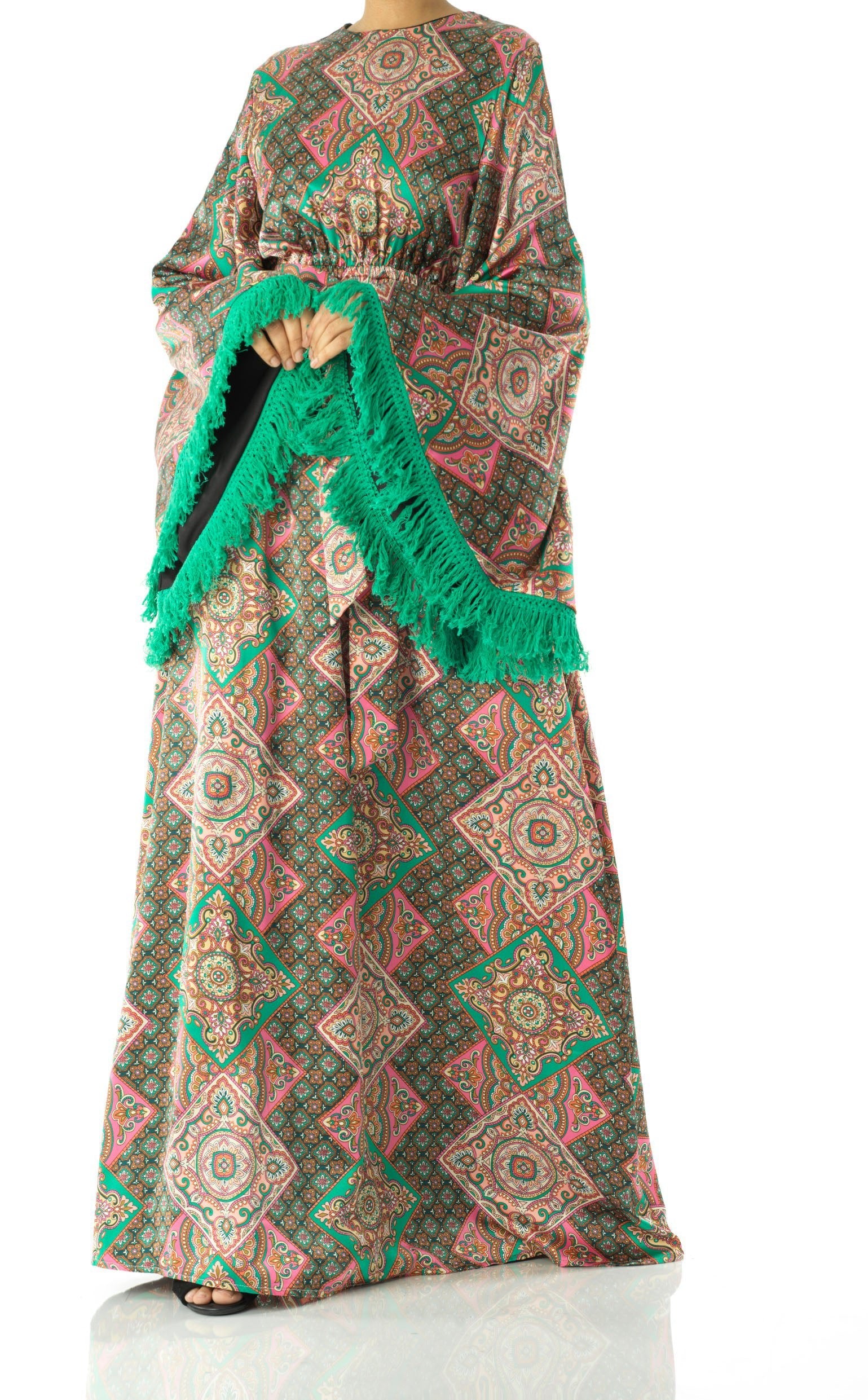 Moroccan print captivated in tassel modest maxi dress Kabayare