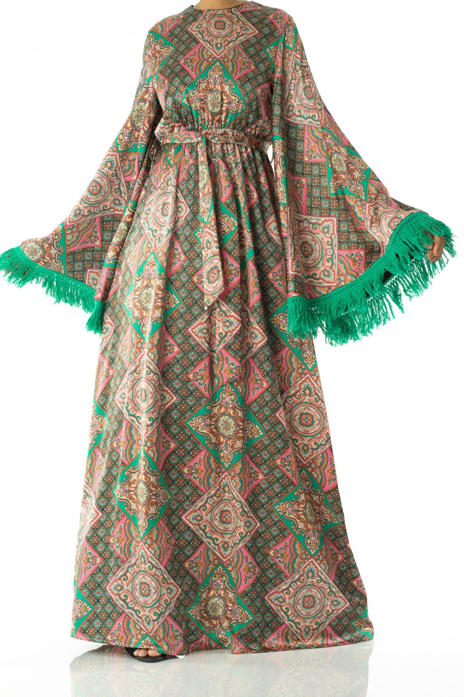 Moroccan print captivated in tassel modest maxi dress Kabayare