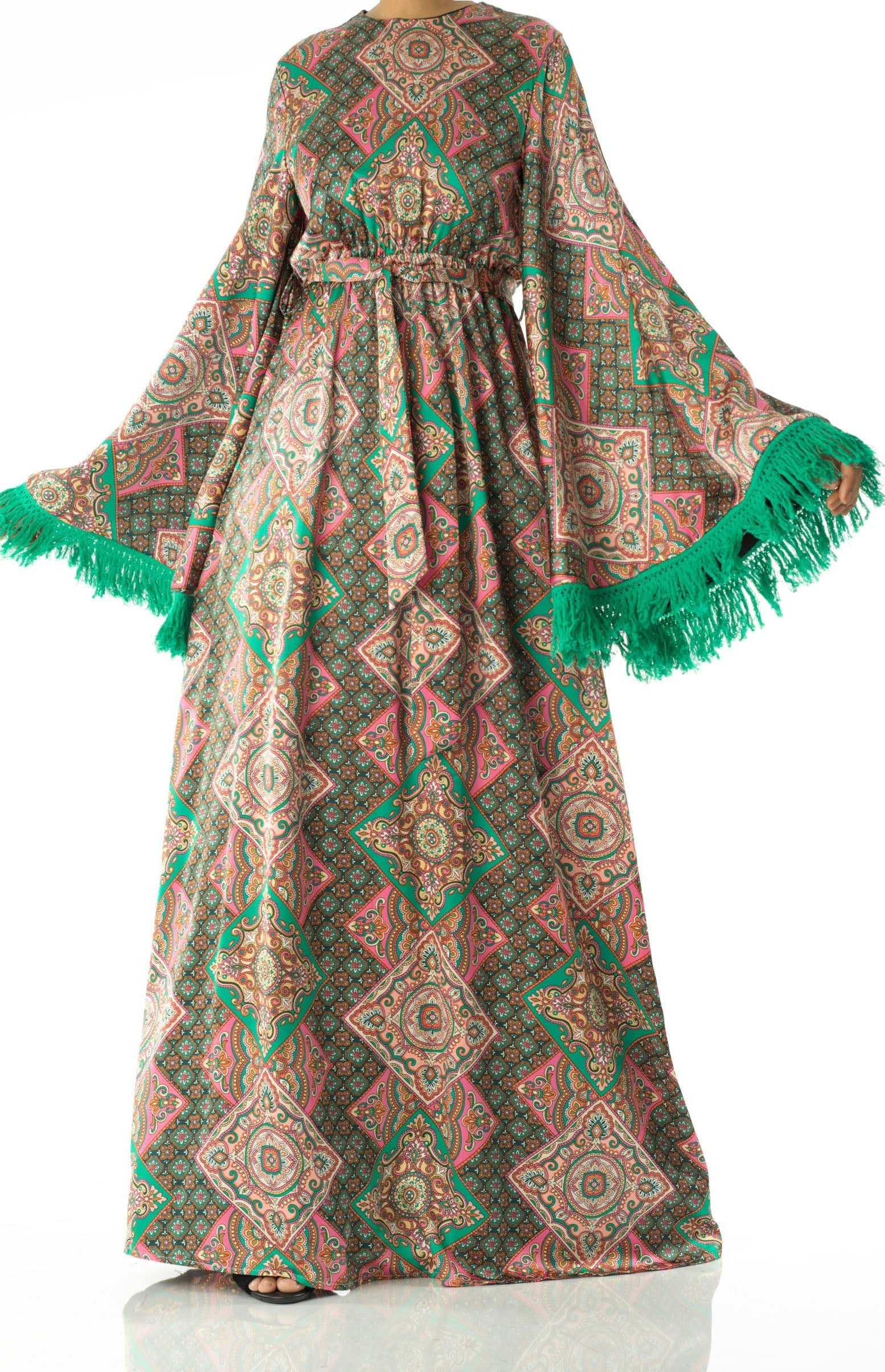 Moroccan print captivated in tassel modest maxi dress Kabayare