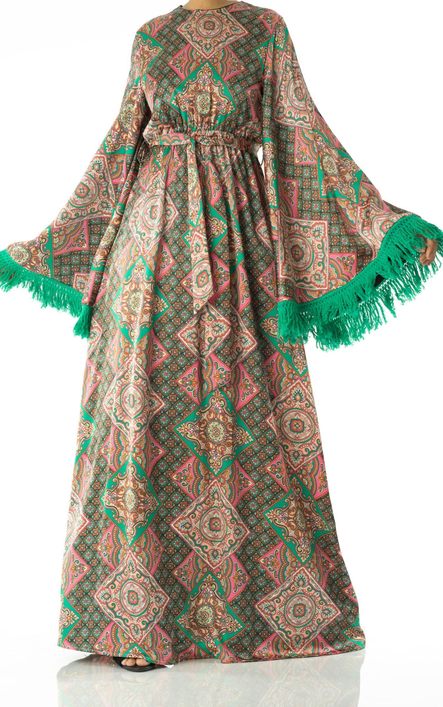Moroccan print captivated in tassel modest maxi dress Kabayare