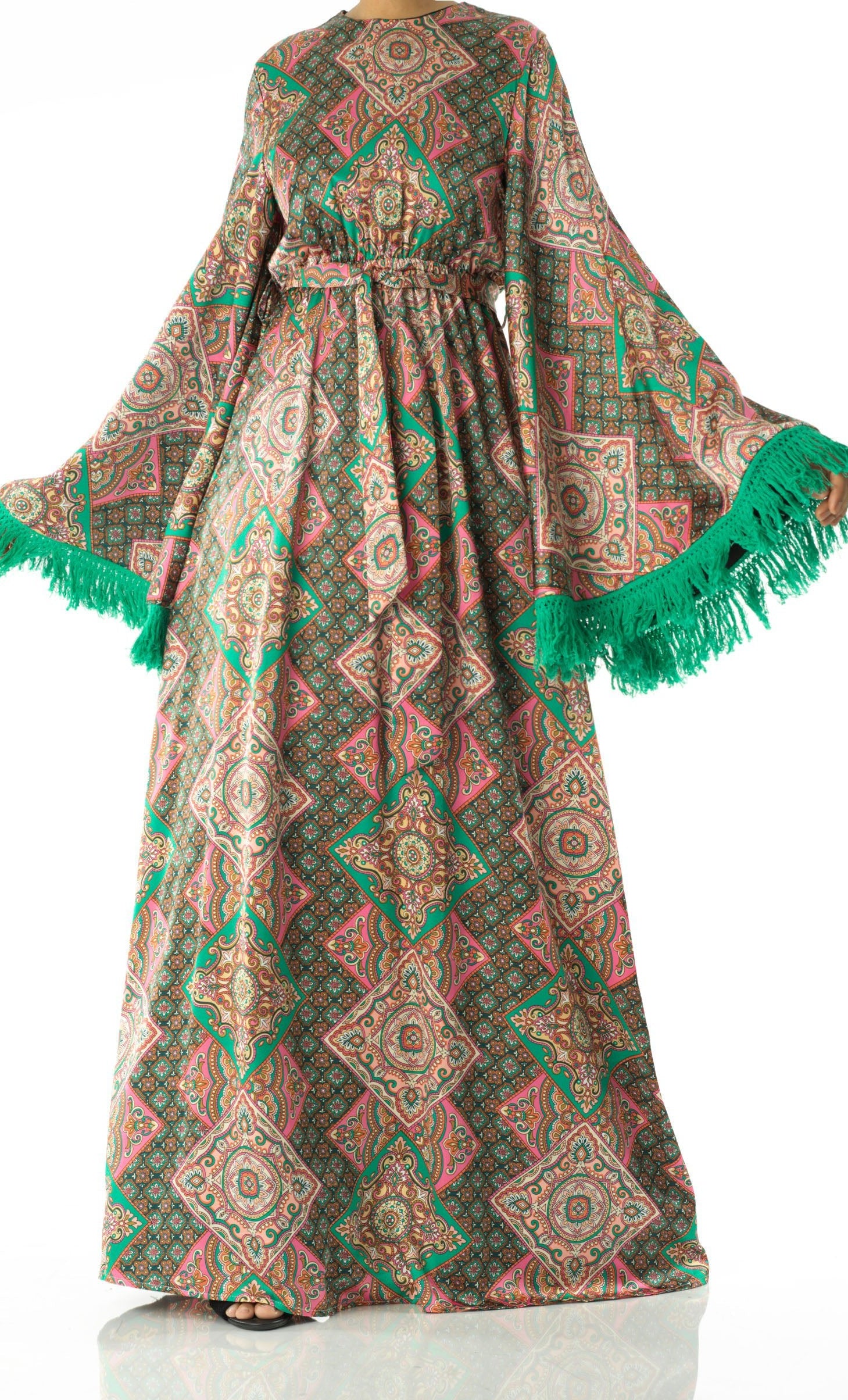 Moroccan print captivated in tassel modest maxi dress Kabayare