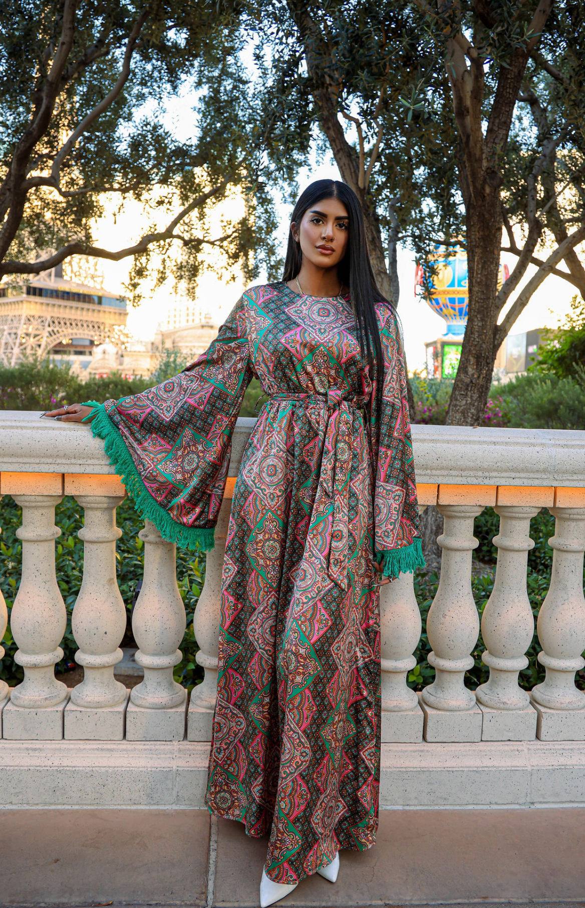 Moroccan print captivated in tassel modest maxi dress Kabayare