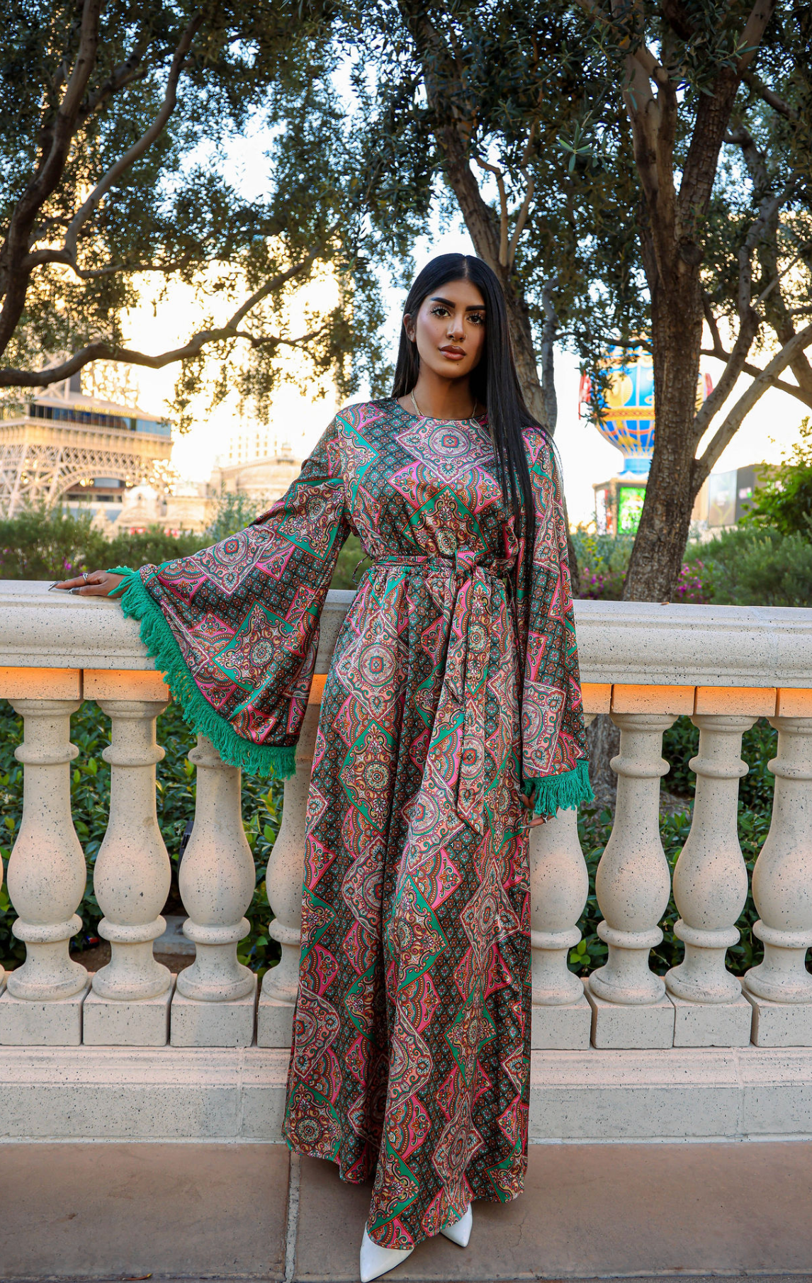 Moroccan print captivated in tassel modest maxi dress Kabayare