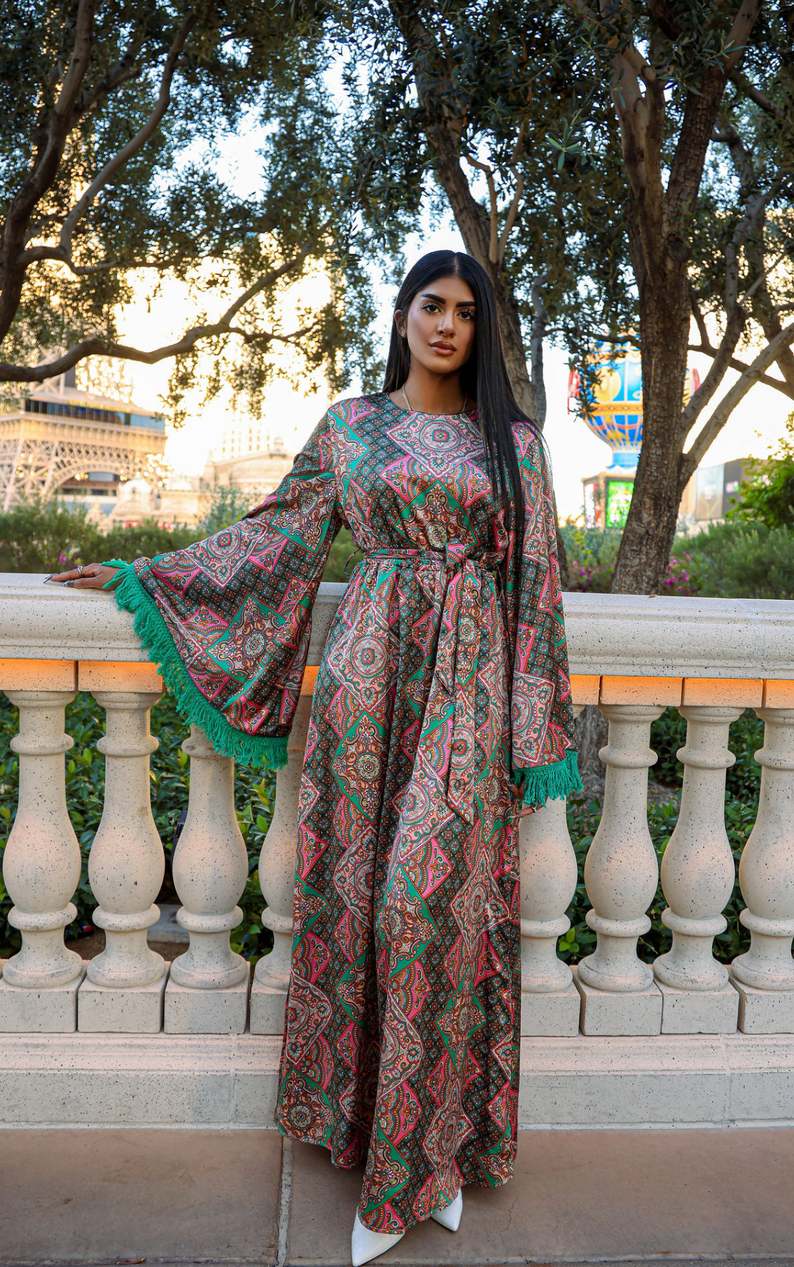 Moroccan print captivated in tassel modest maxi dress Kabayare