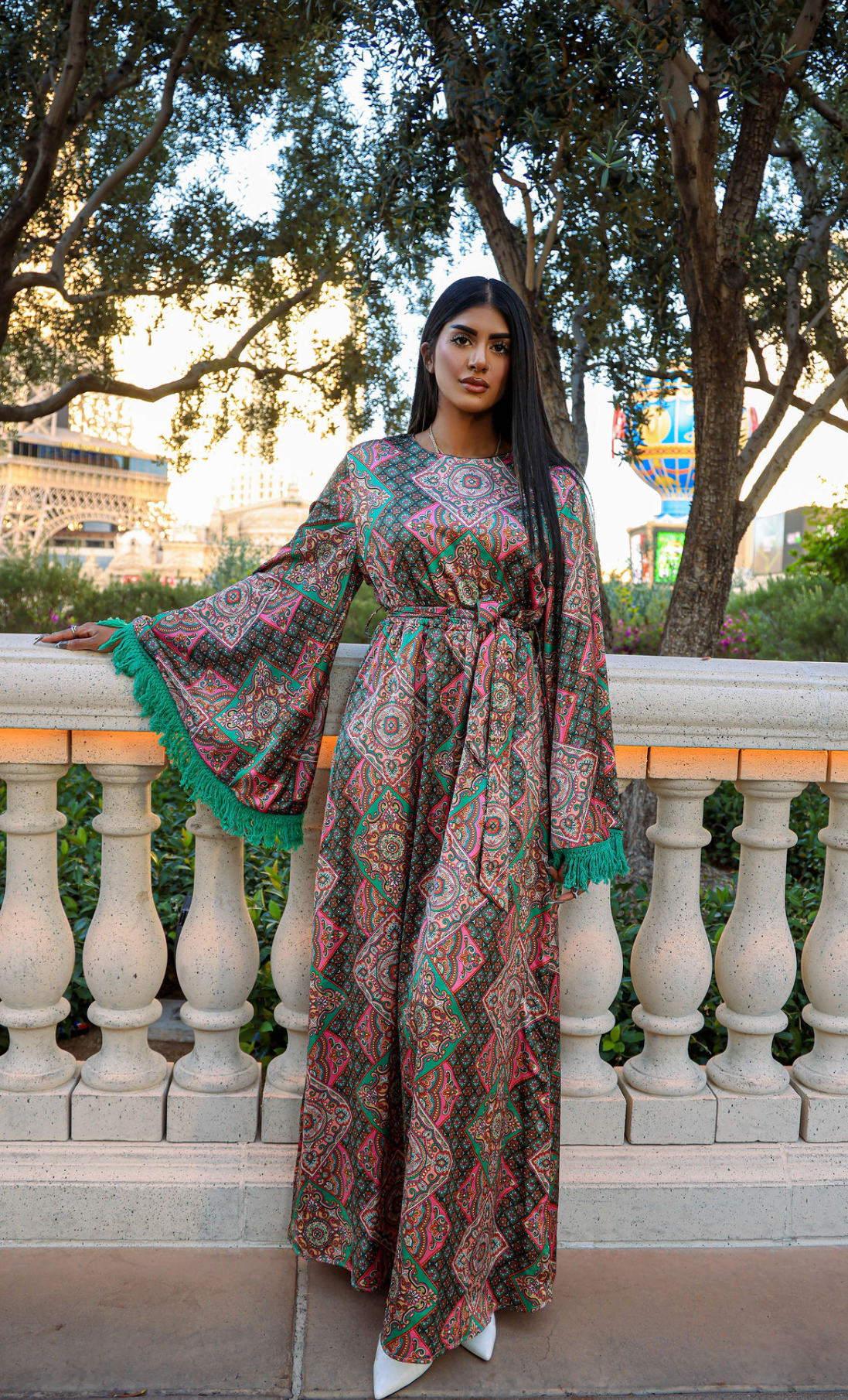 Moroccan print captivated in tassel modest maxi dress Kabayare