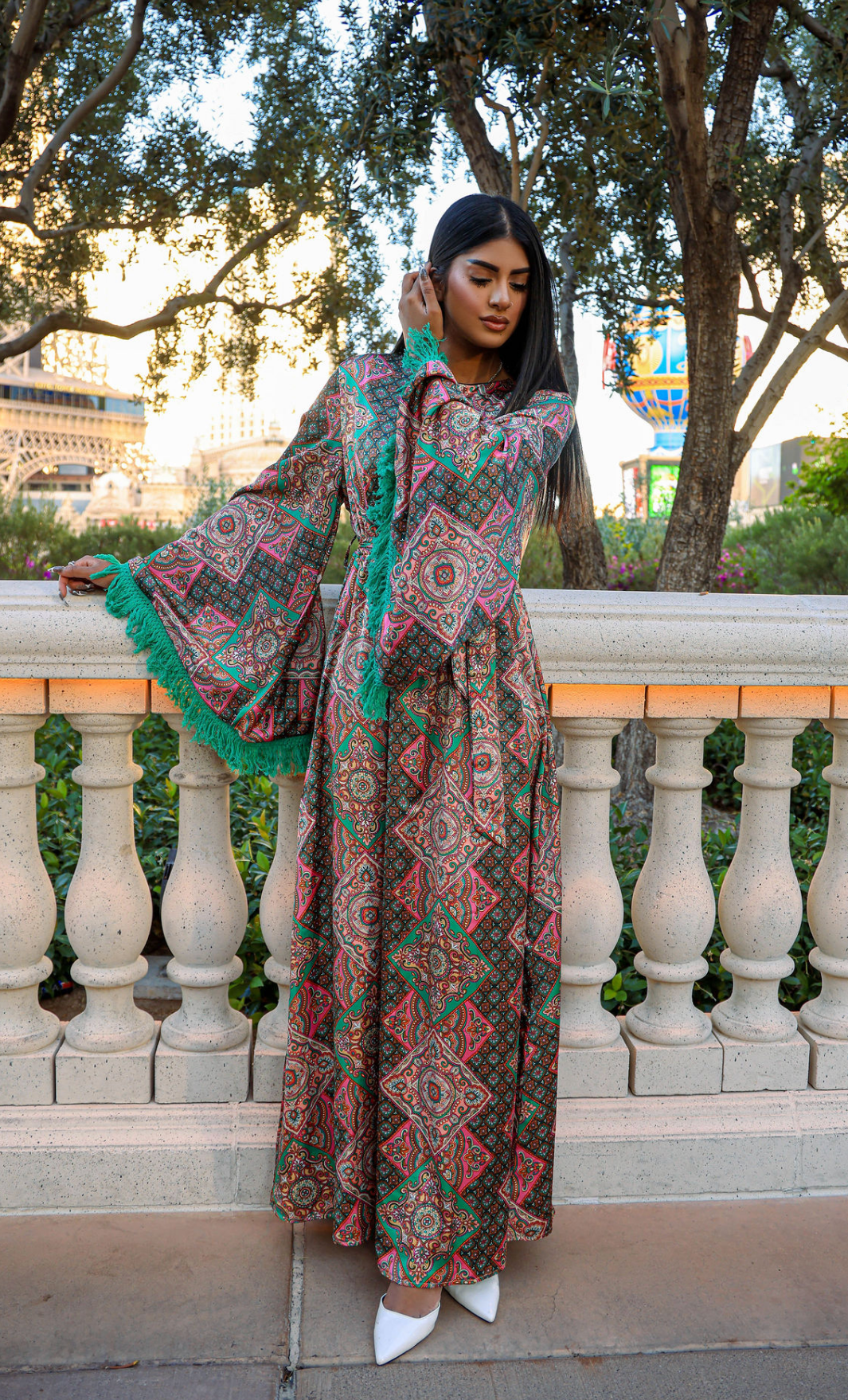 Moroccan print captivated in tassel modest maxi dress Kabayare
