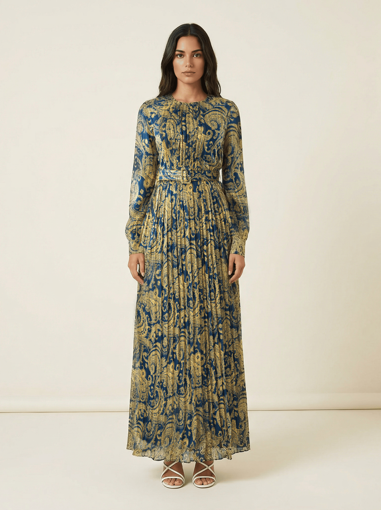 Navy and Gold Henna print chiffon shimmer maxi dress Kabayare