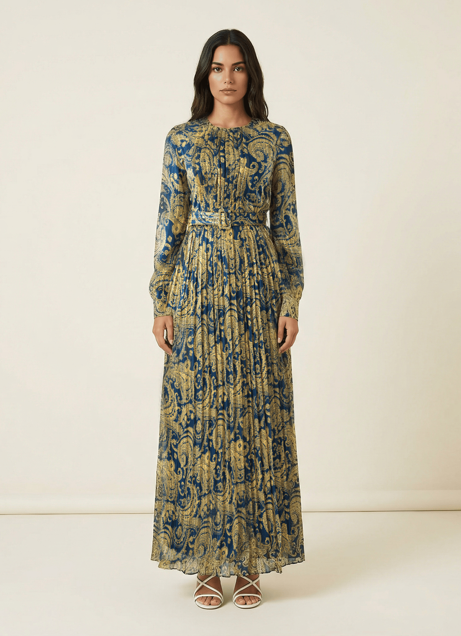 Navy and Gold Henna print chiffon shimmer maxi dress Kabayare