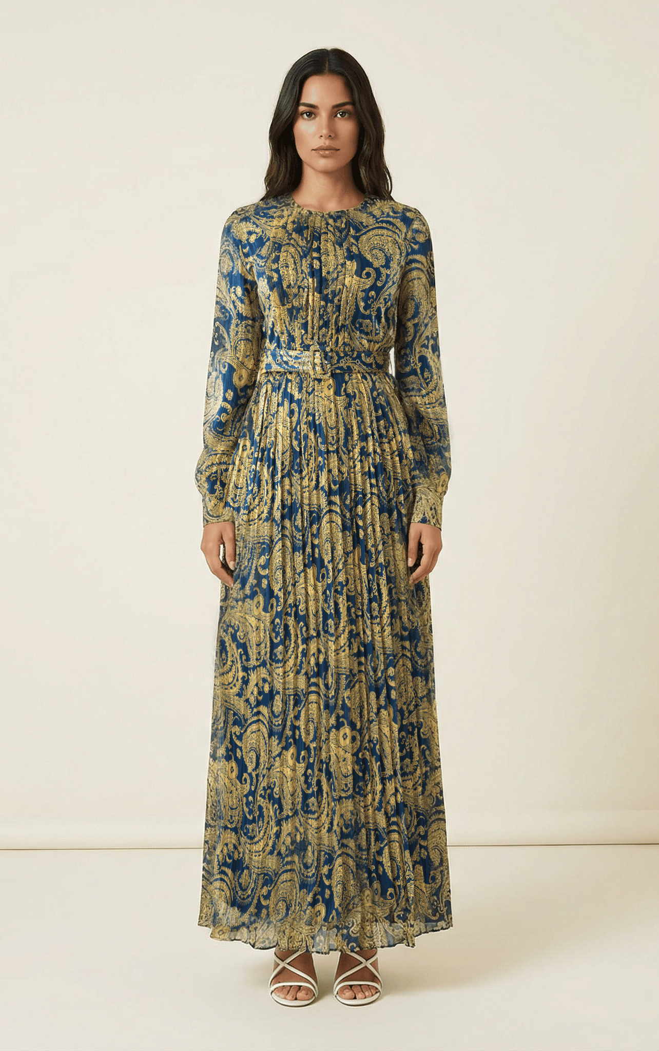 Navy and Gold Henna print chiffon shimmer maxi dress Kabayare