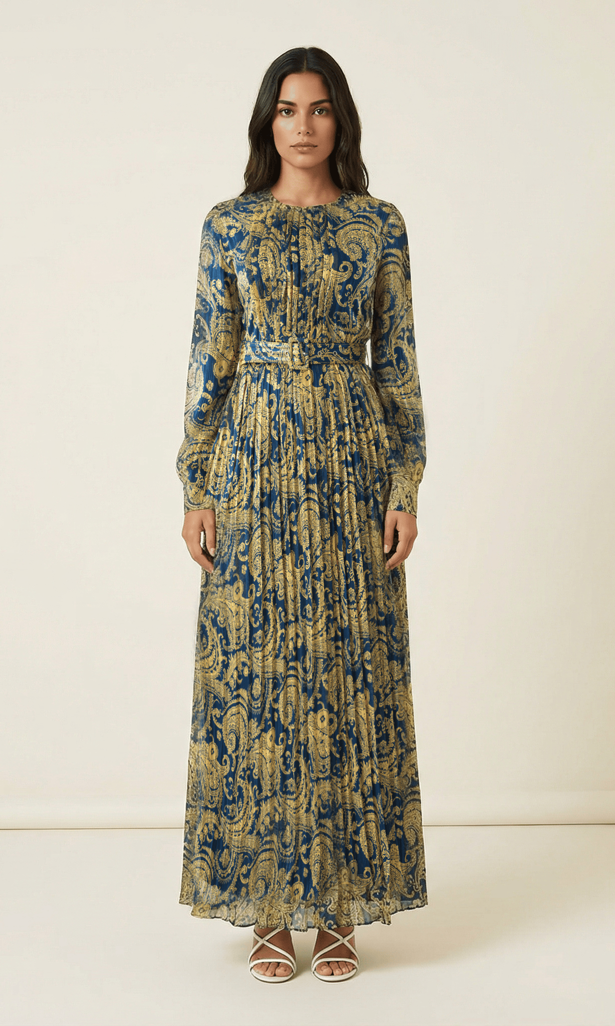 Navy and Gold Henna print chiffon shimmer maxi dress Kabayare