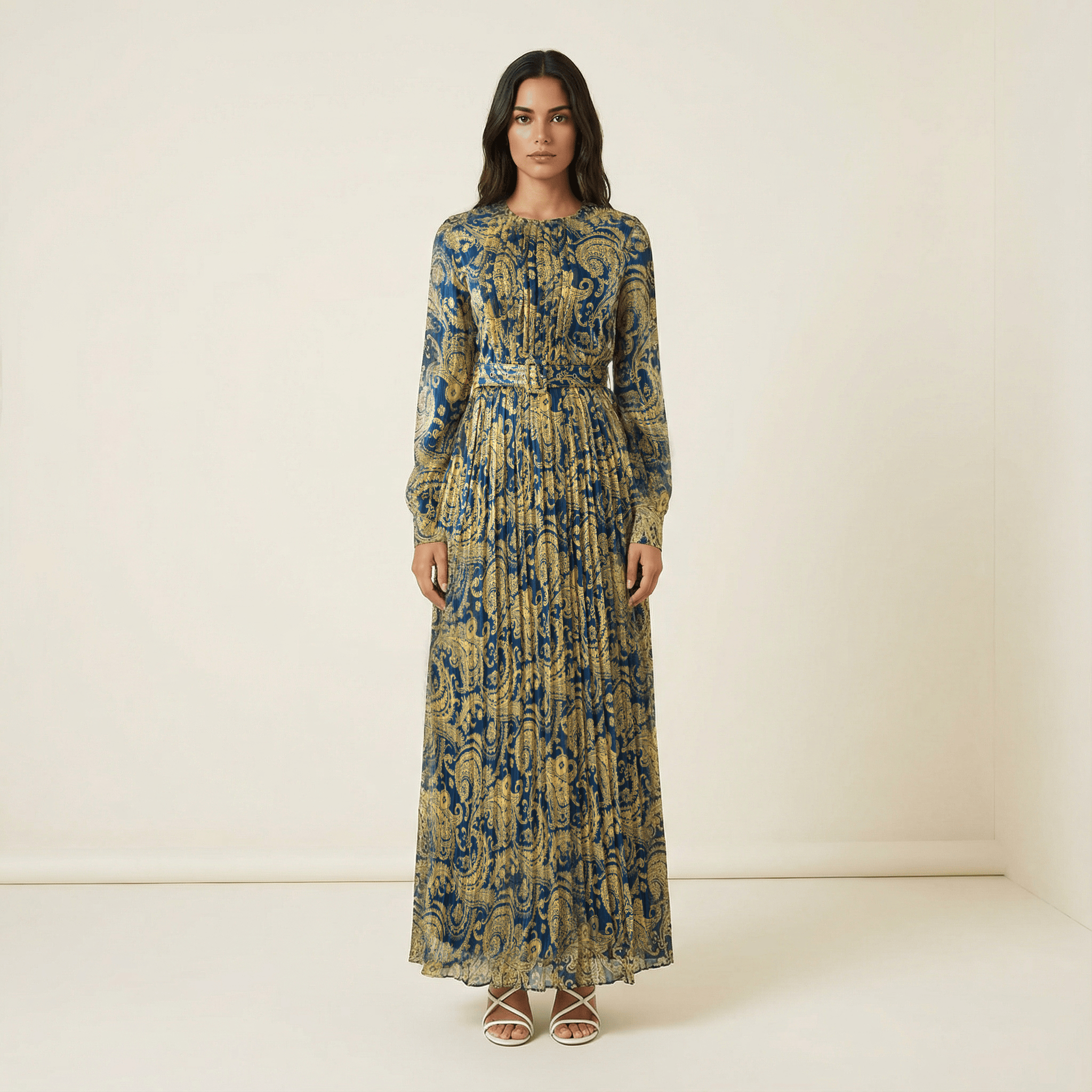 Navy and Gold Henna print chiffon shimmer maxi dress Kabayare