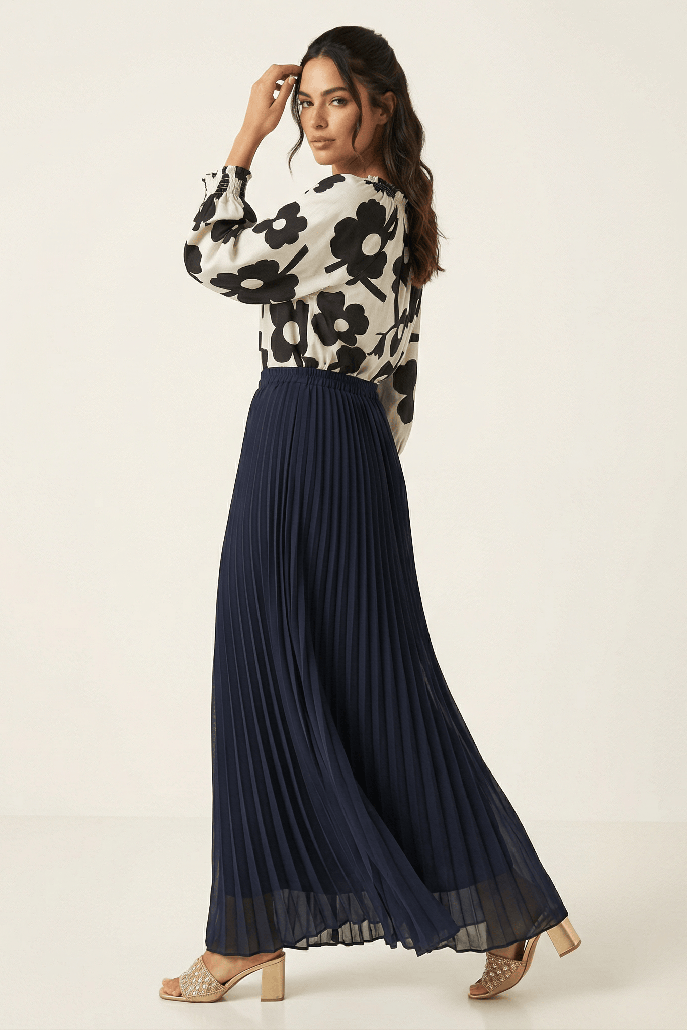 Navy pleated chiffon Maxi Skirt Kabayare