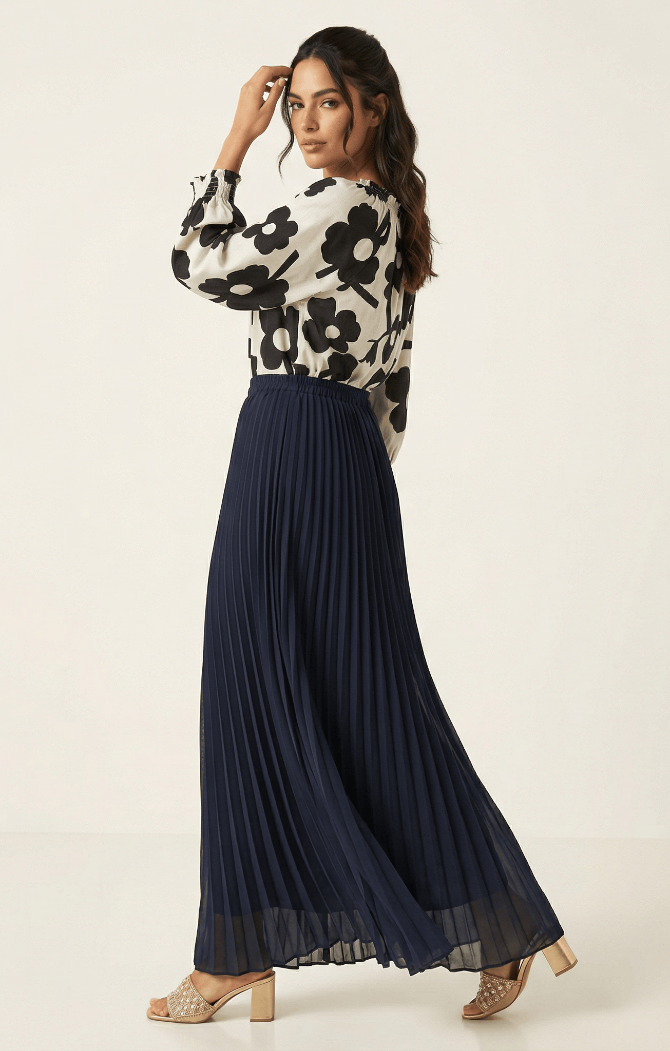 Navy pleated chiffon Maxi Skirt Kabayare