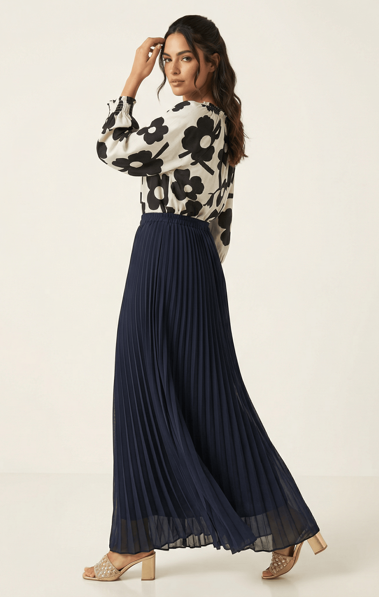 Navy pleated chiffon Maxi Skirt Kabayare