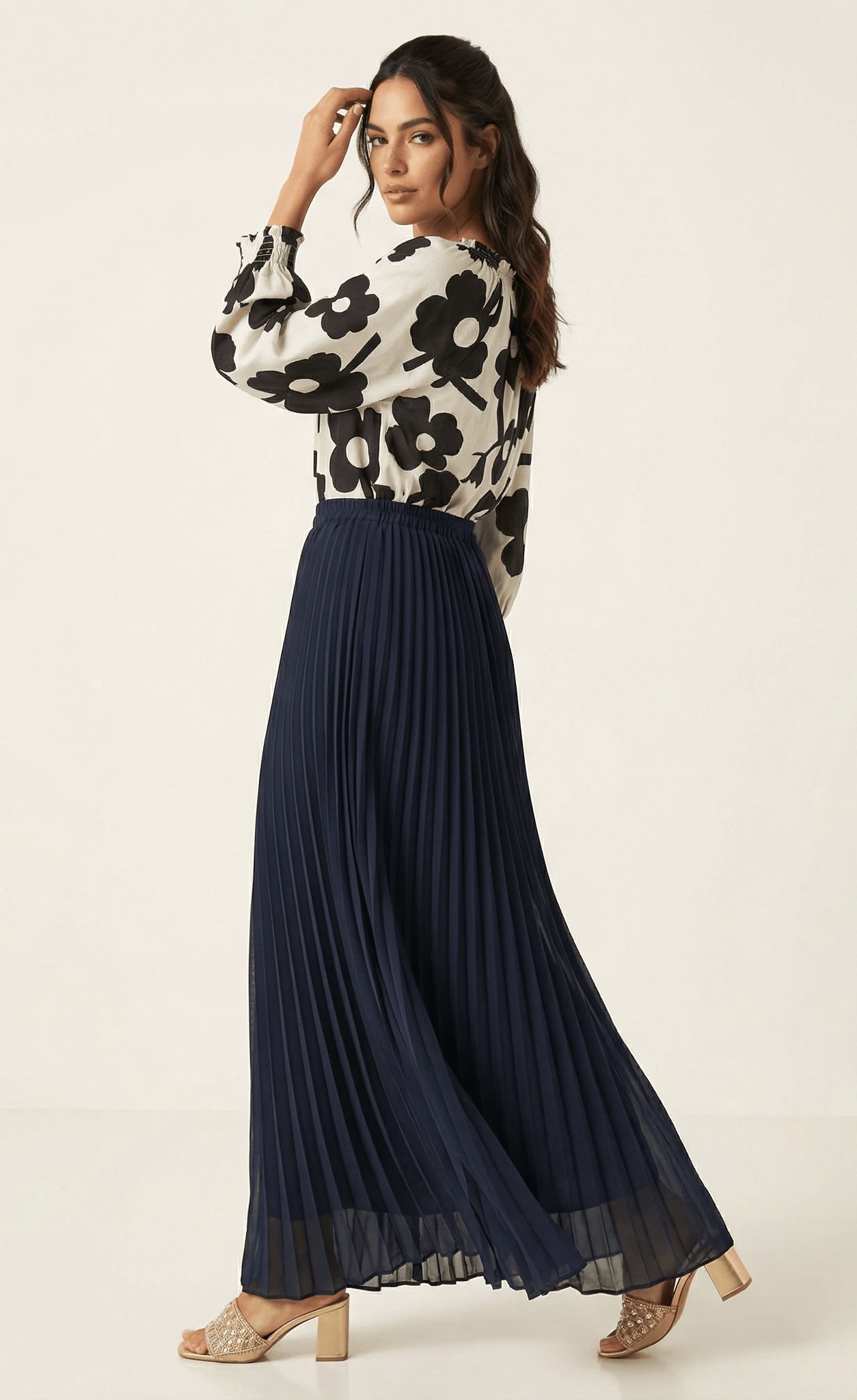Navy pleated chiffon Maxi Skirt Kabayare