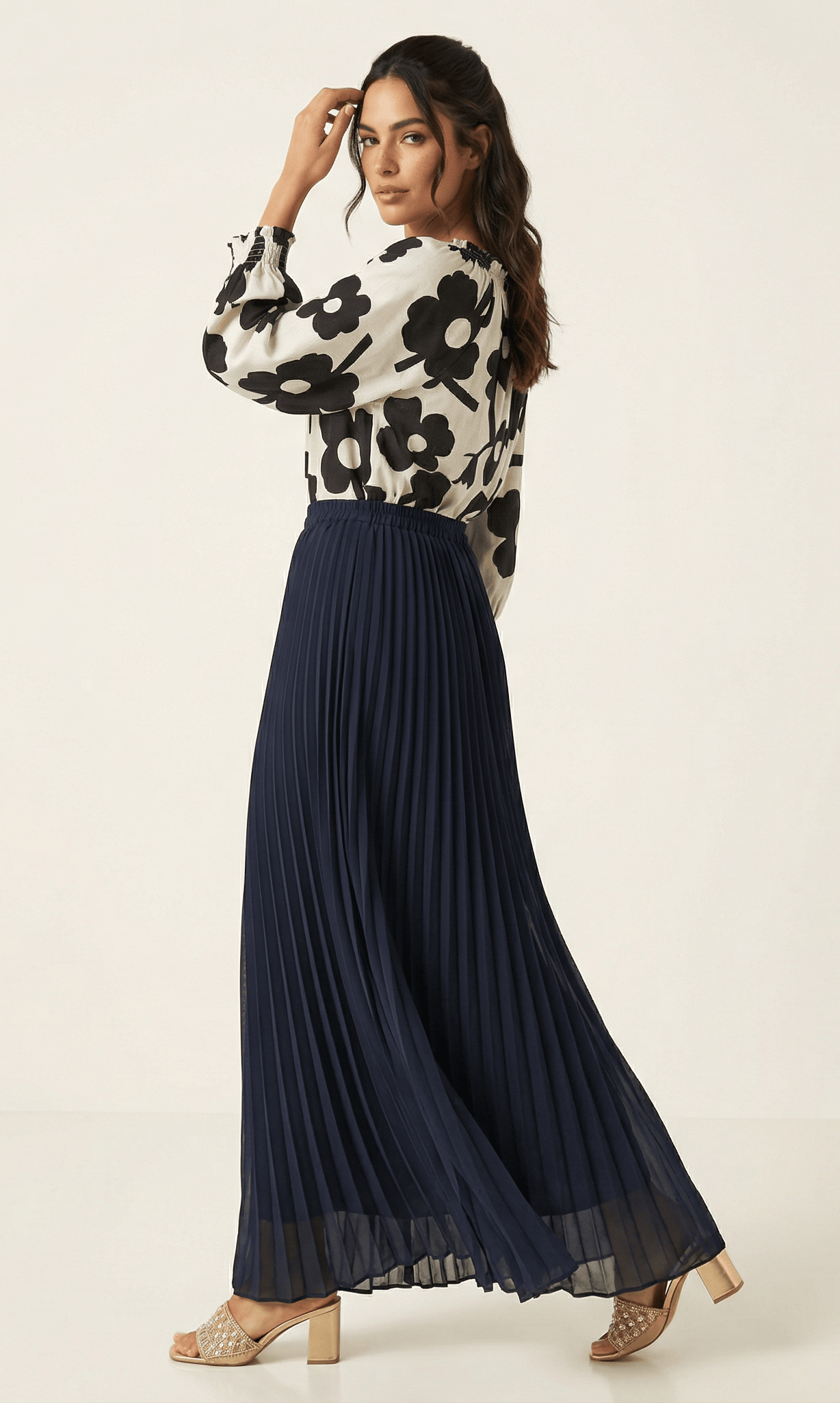 Navy pleated chiffon Maxi Skirt Kabayare