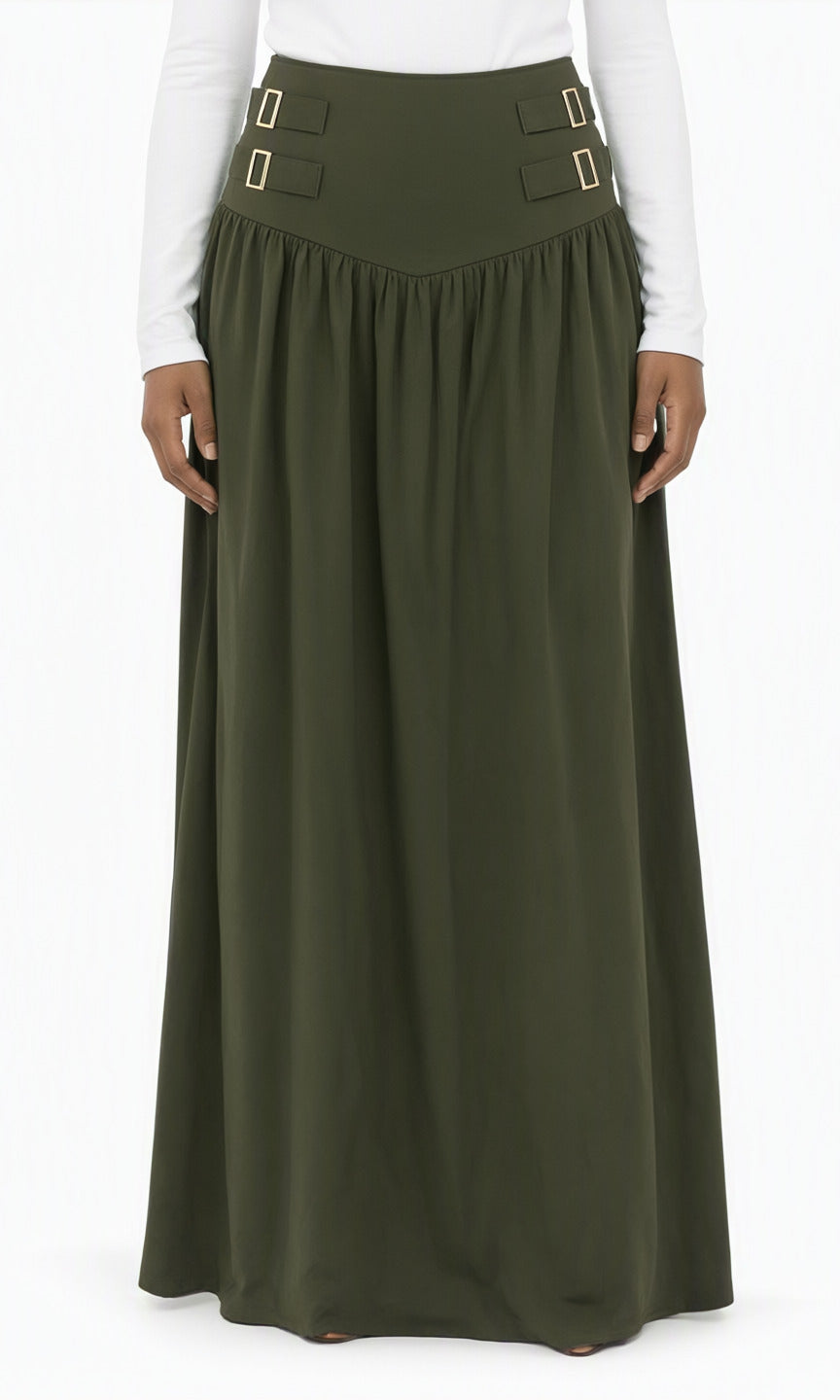 Olive Equestrian buckle waist modest maxi skirt Kabayare