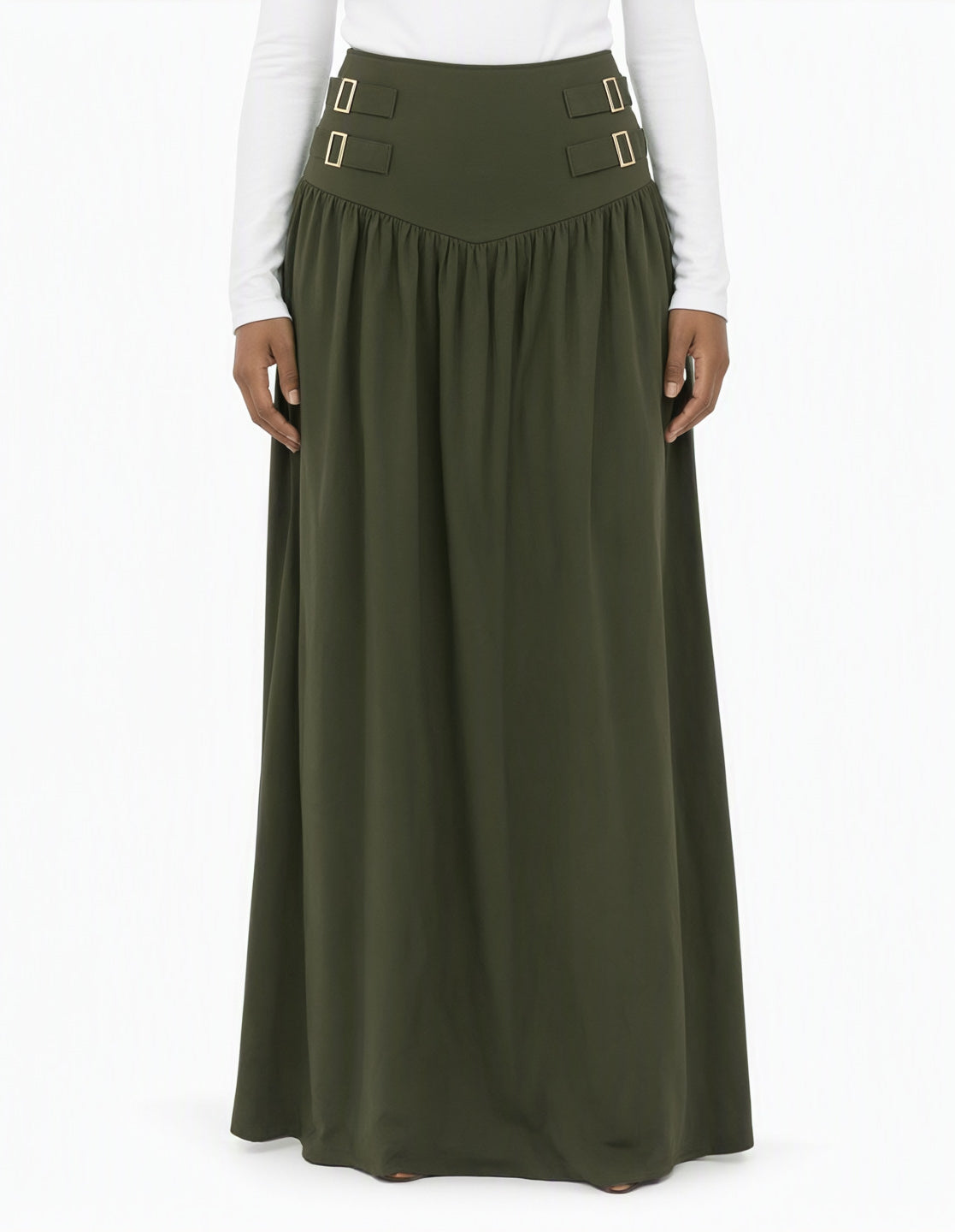 Olive Equestrian buckle waist modest maxi skirt Kabayare