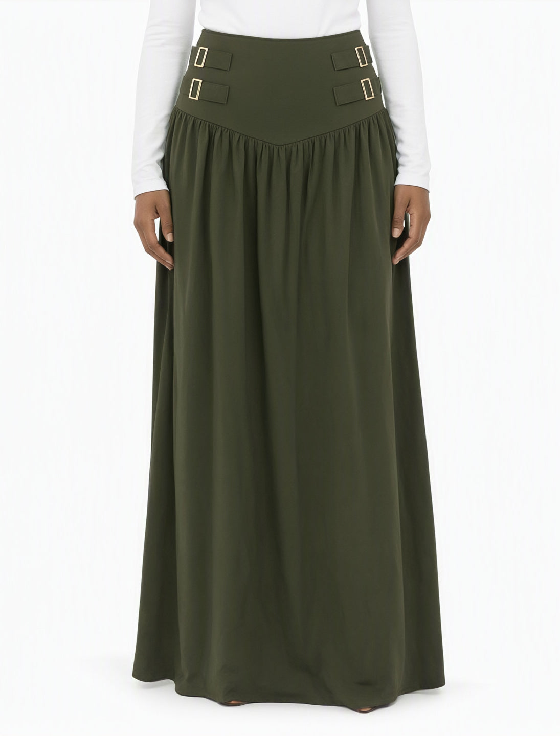 Olive Equestrian buckle waist modest maxi skirt Kabayare
