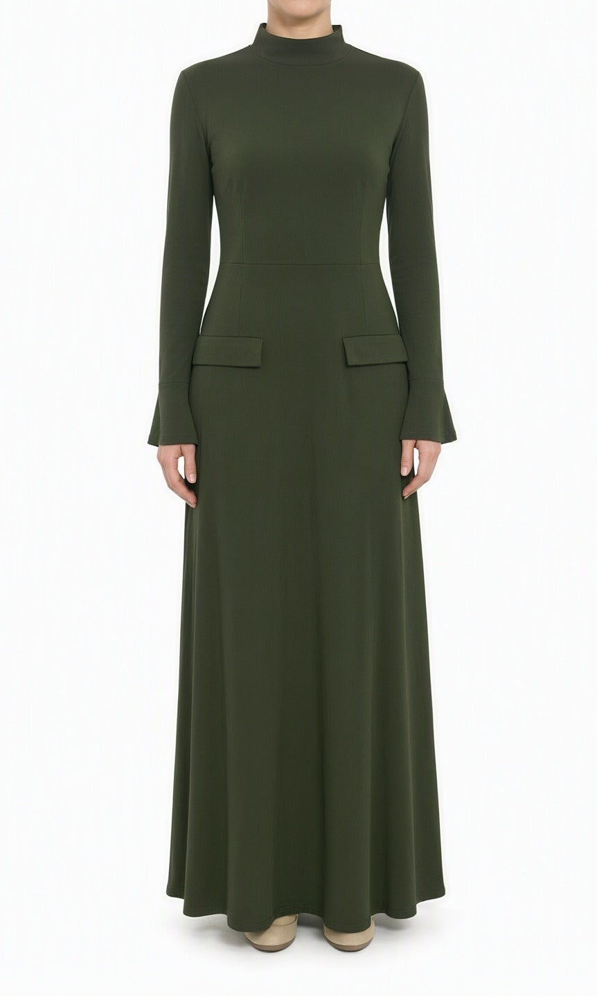 Olive Savile mock neck modest maxi dress Kabayare