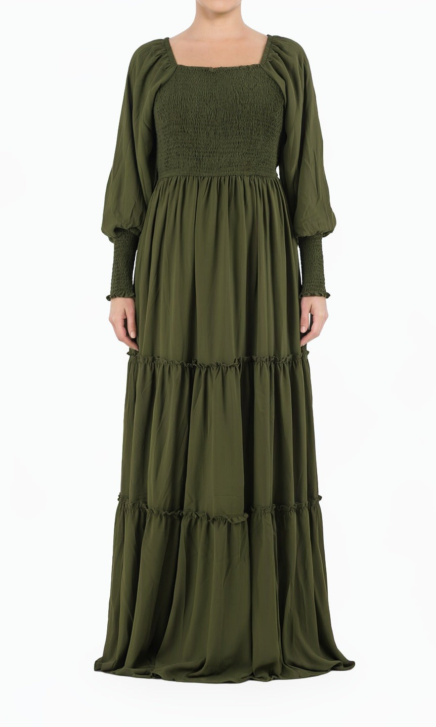 Olive Sorrento Smocked Tiered Modest Maxi Dress Kabayare