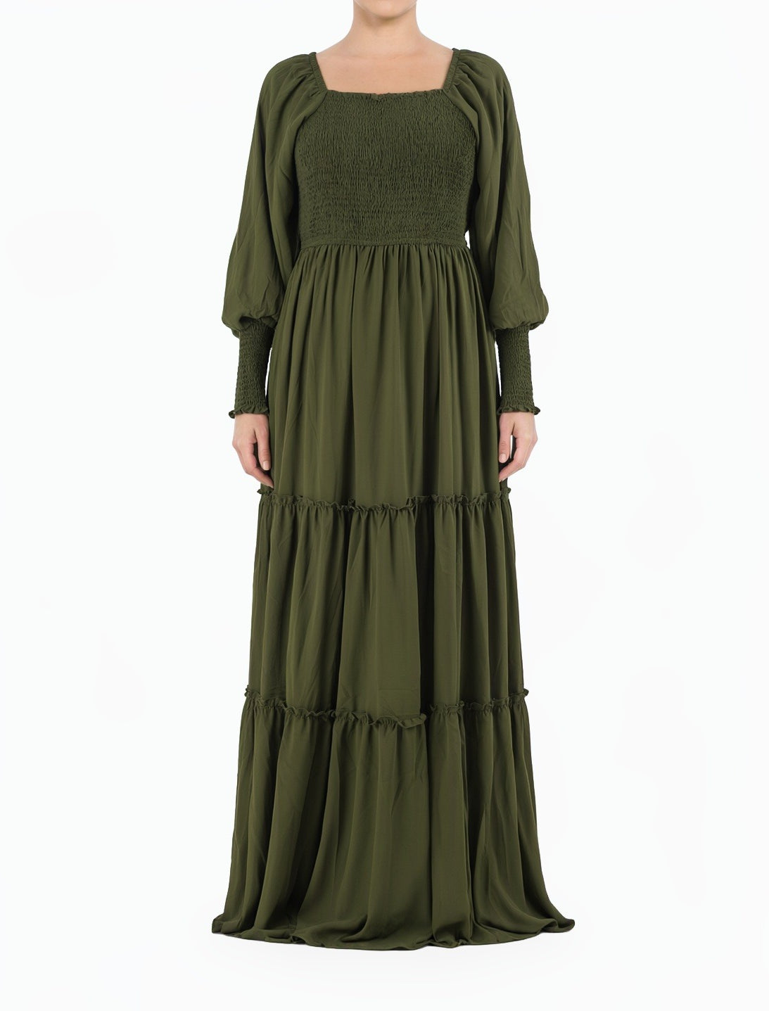 Olive Sorrento Smocked Tiered Modest Maxi Dress Kabayare