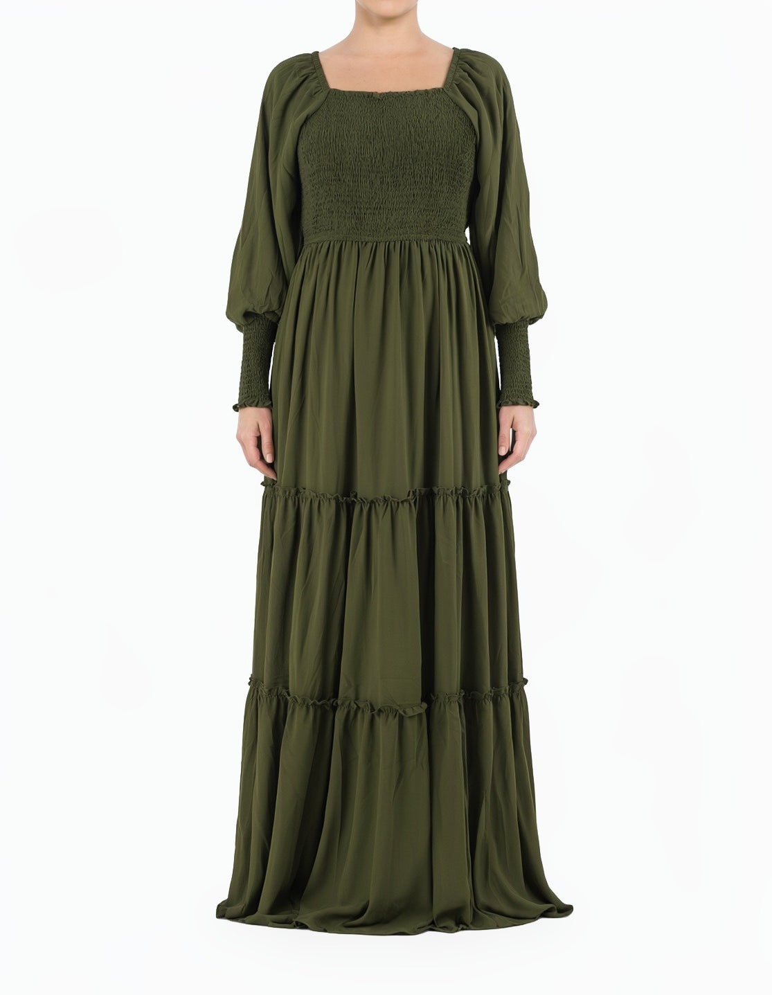Olive Sorrento Smocked Tiered Modest Maxi Dress Kabayare