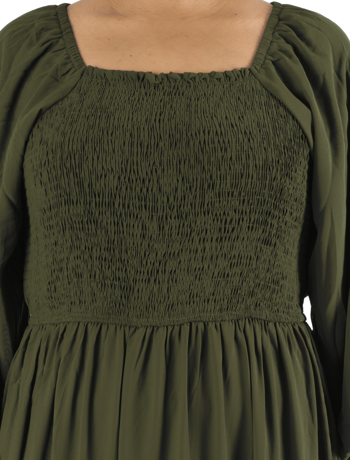Olive Sorrento Smocked Tiered Modest Maxi Dress: smocked bodice detail