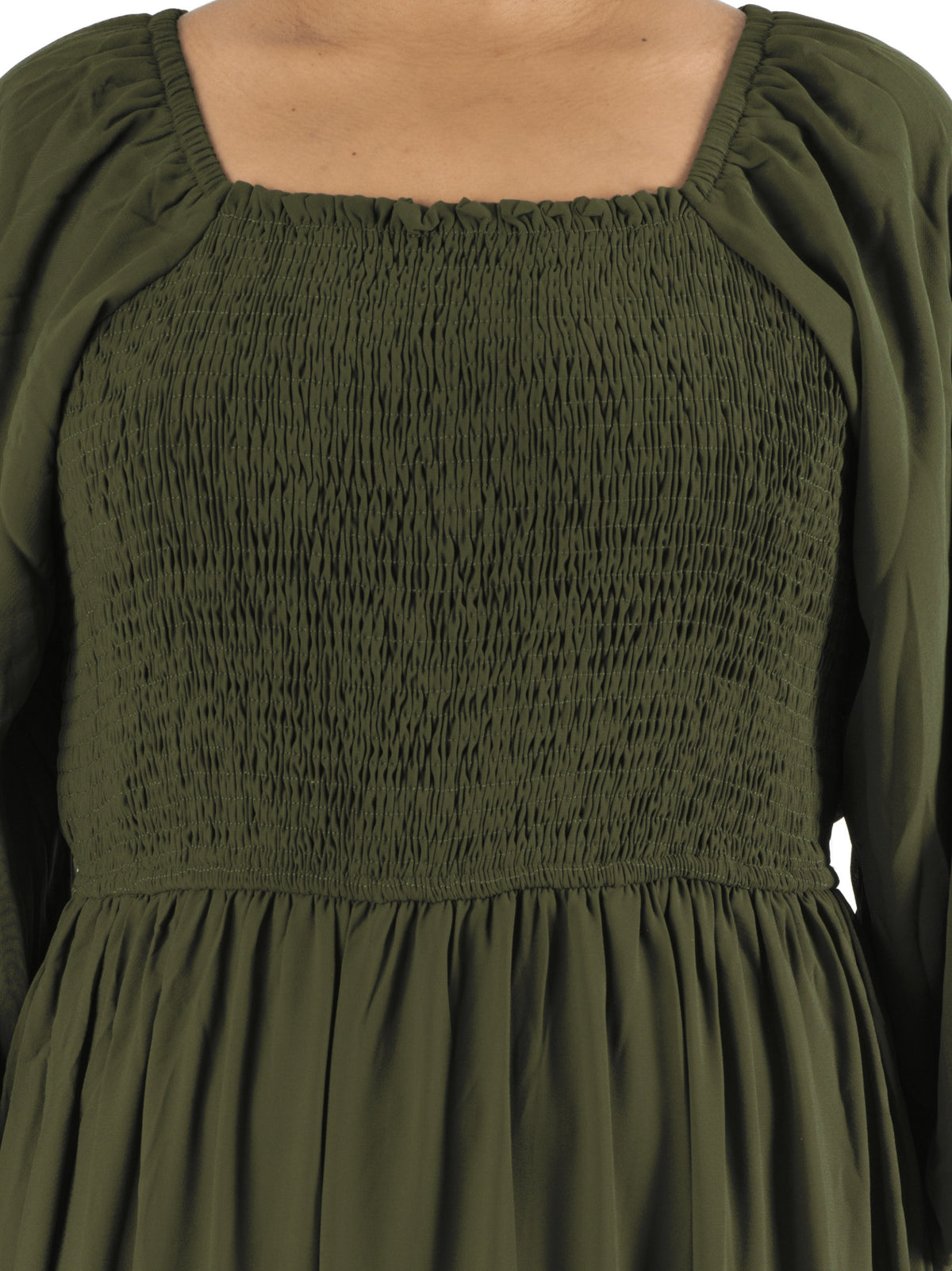 Olive Sorrento Smocked Tiered Modest Maxi Dress: smocked bodice detail