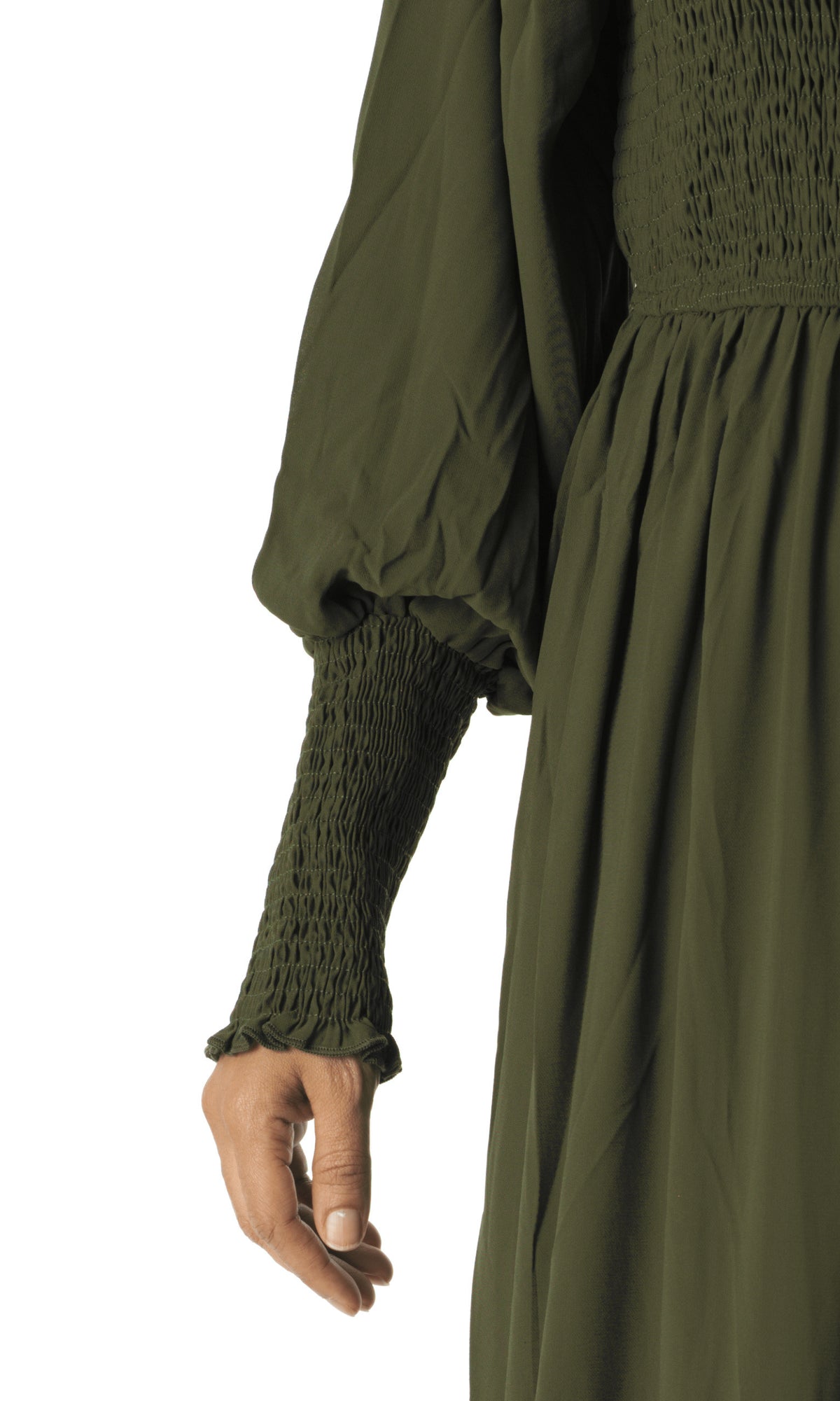 Olive Sorrento Smocked Tiered Modest Maxi Dress: sleeve detail