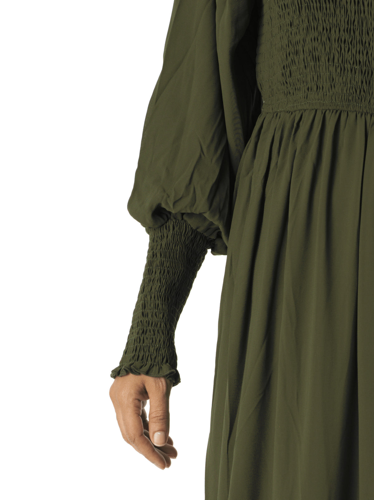 Olive Sorrento Smocked Tiered Modest Maxi Dress: sleeve detail