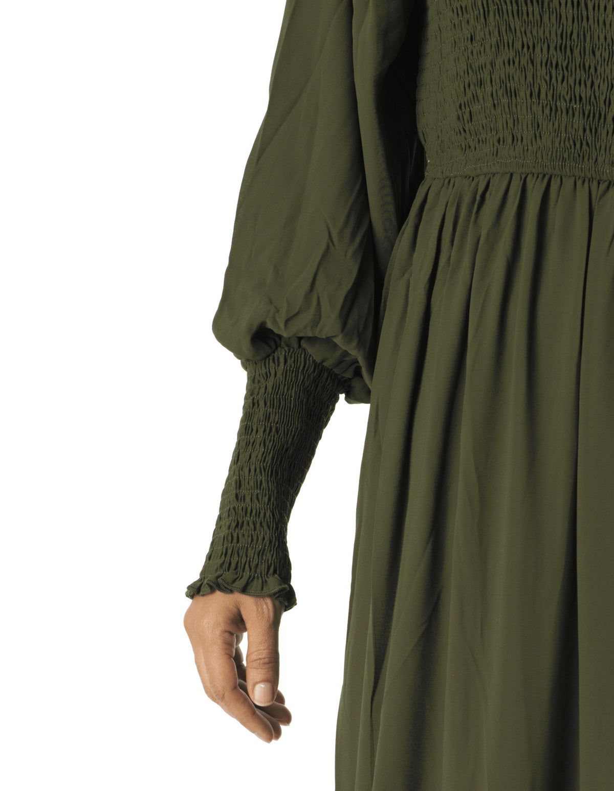 Olive Sorrento Smocked Tiered Modest Maxi Dress: sleeve detail