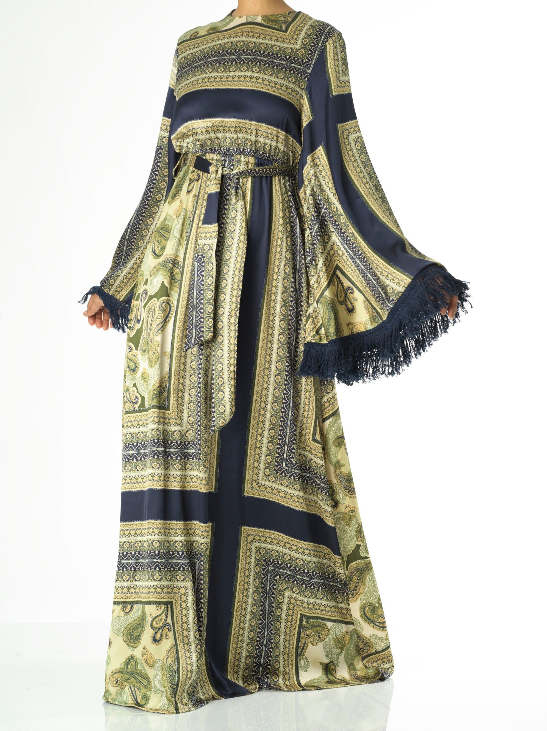 Olive tassle Paisley modest maxi dress Kabayare