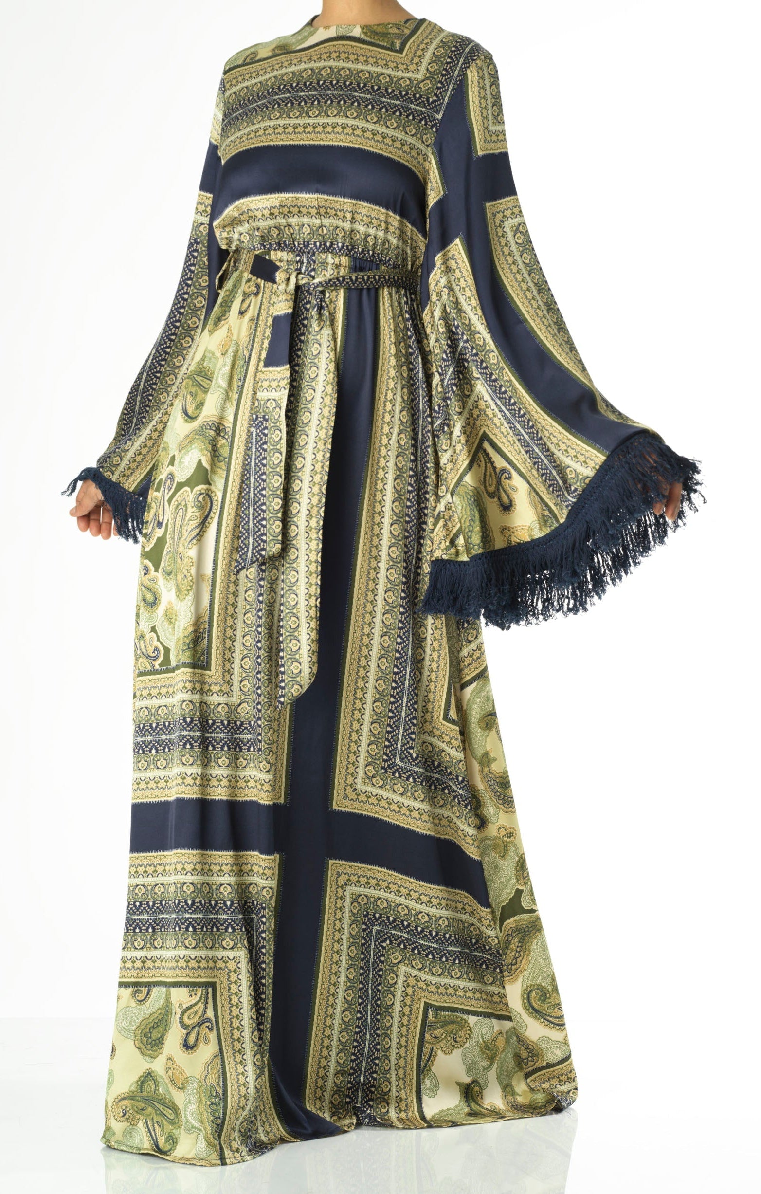 Olive tassle Paisley modest maxi dress Kabayare