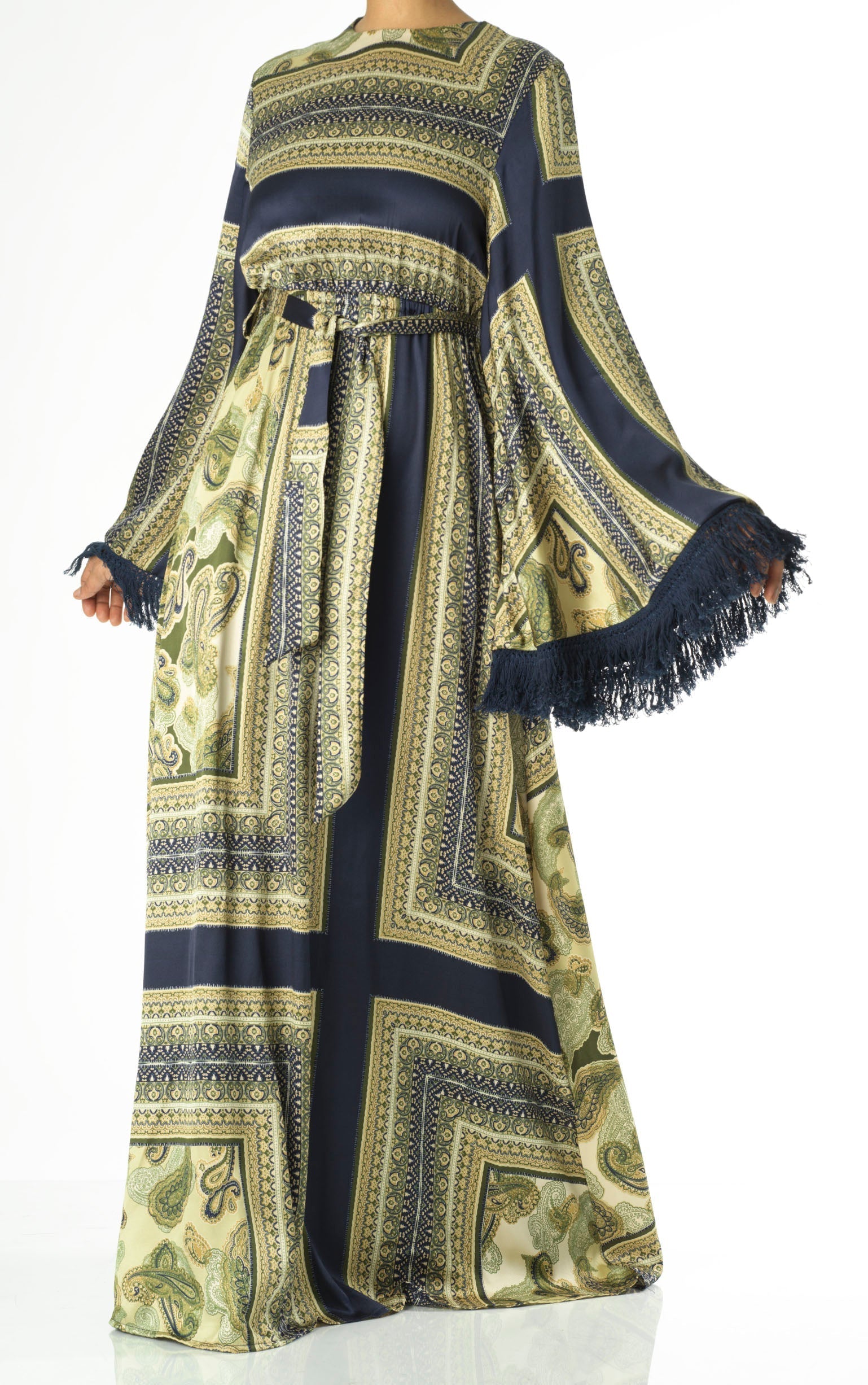 Olive tassle Paisley modest maxi dress Kabayare