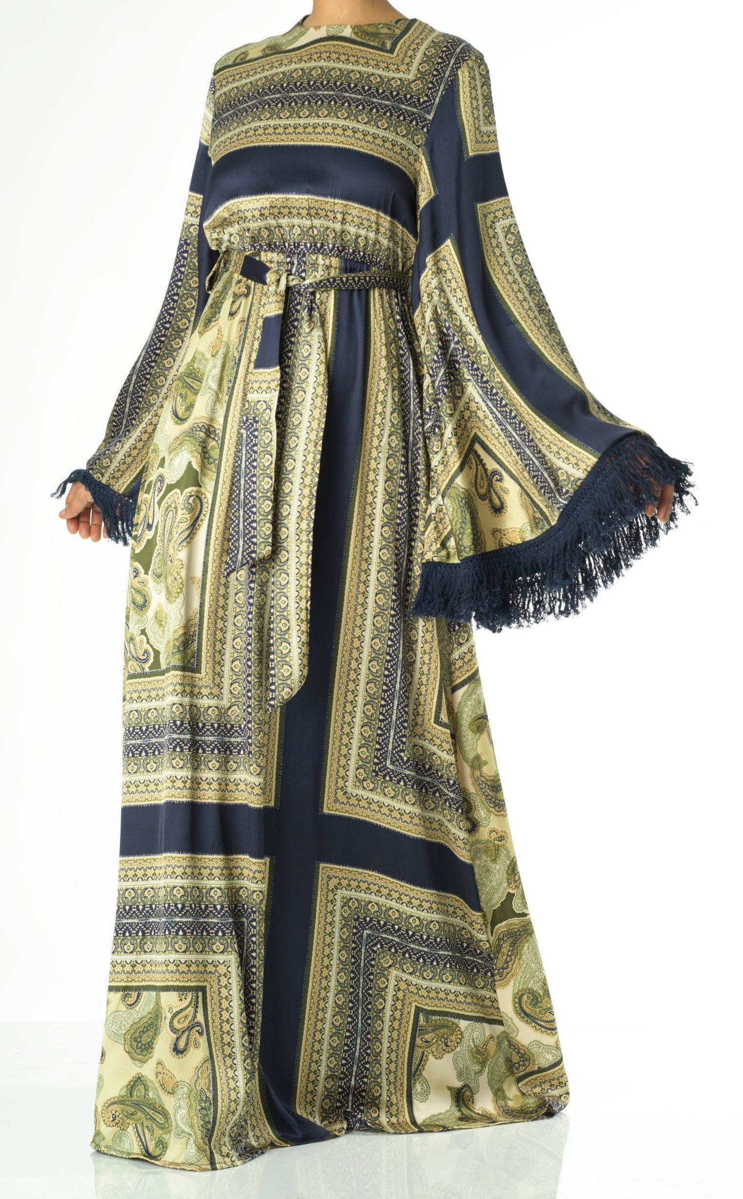 Olive tassle Paisley modest maxi dress Kabayare