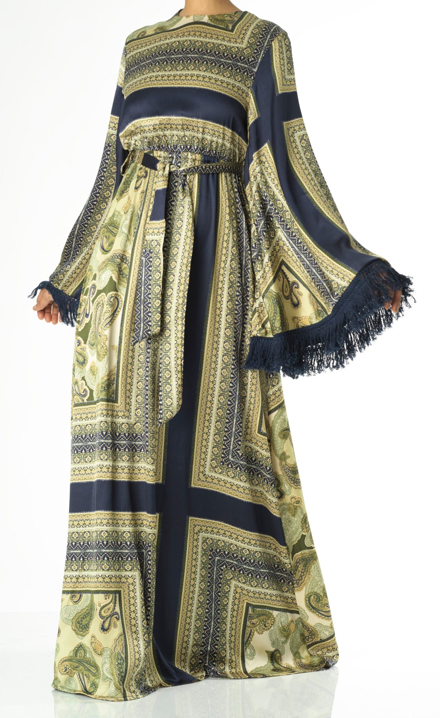 Olive tassle Paisley modest maxi dress Kabayare