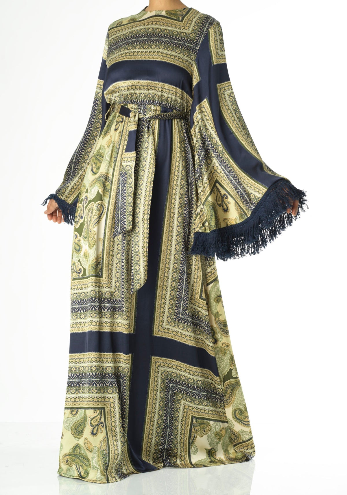 Olive tassle Paisley modest maxi dress Kabayare