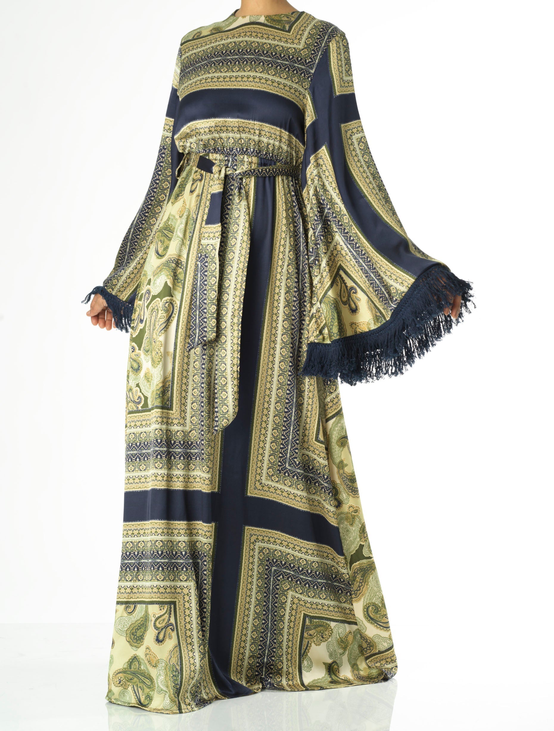 Olive tassle Paisley modest maxi dress Kabayare