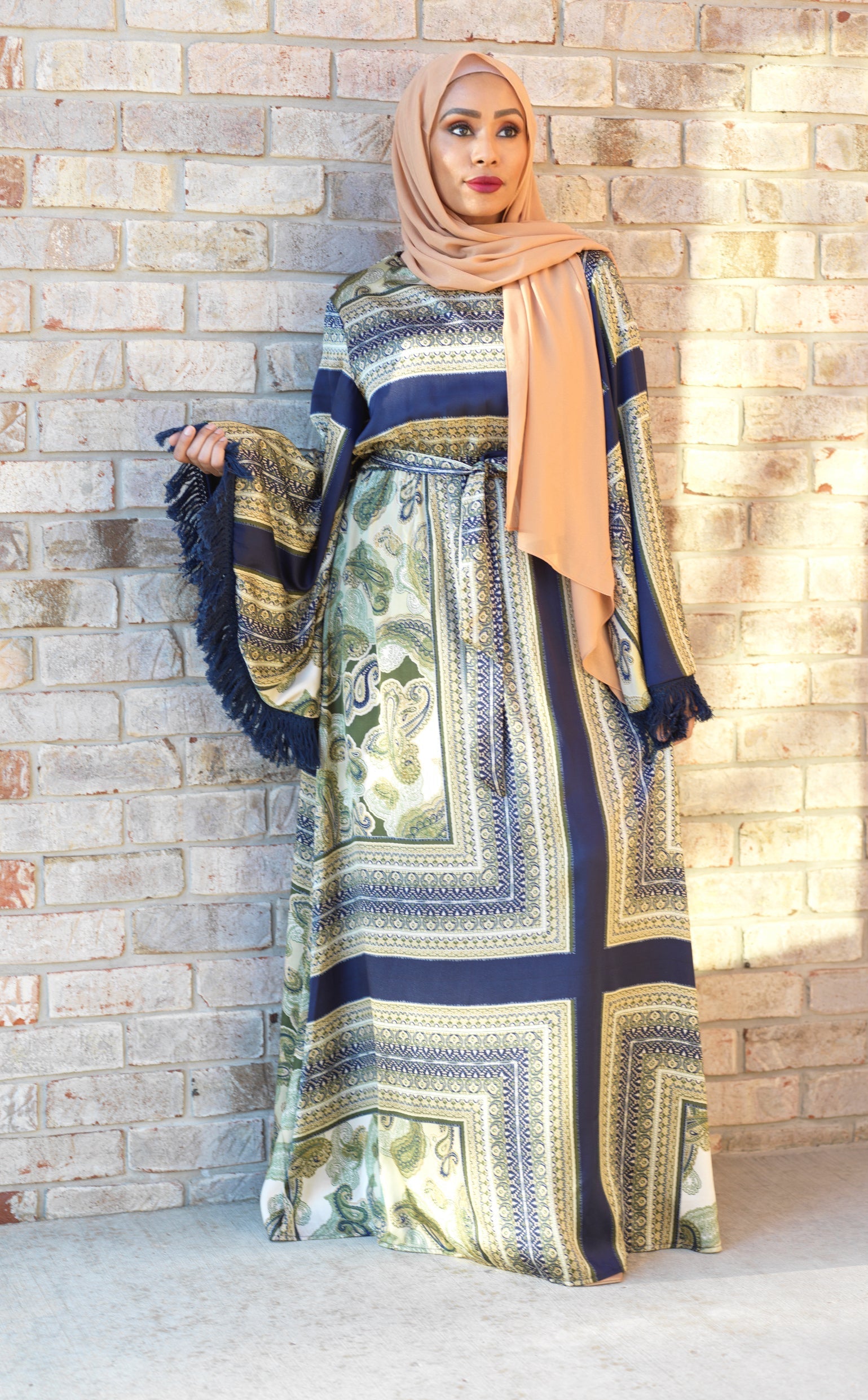 Olive tassle Paisley modest maxi dress Kabayare