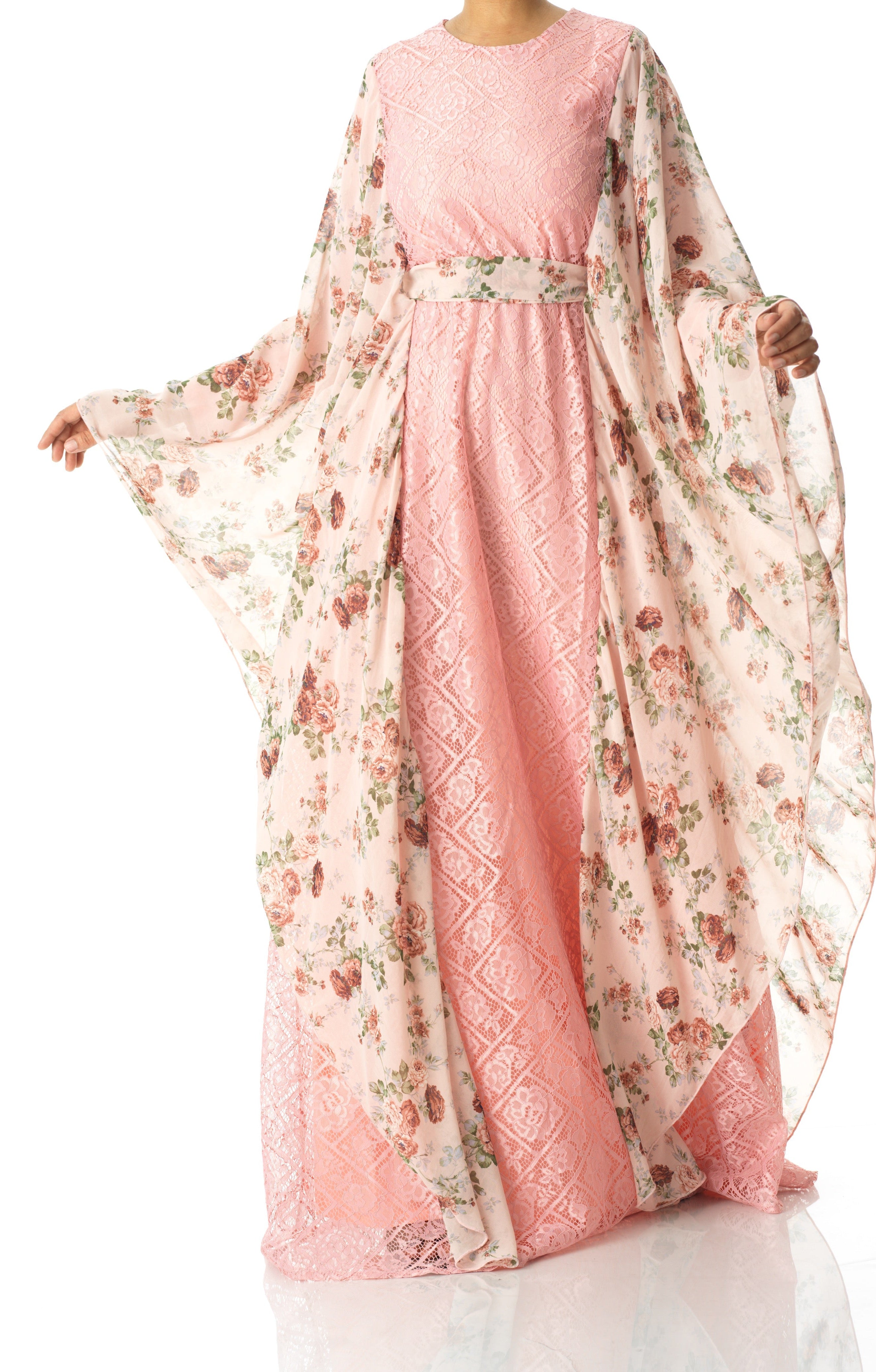 Pastel Pink floral butterfly Chiffon Kaftan abaya Kabayare