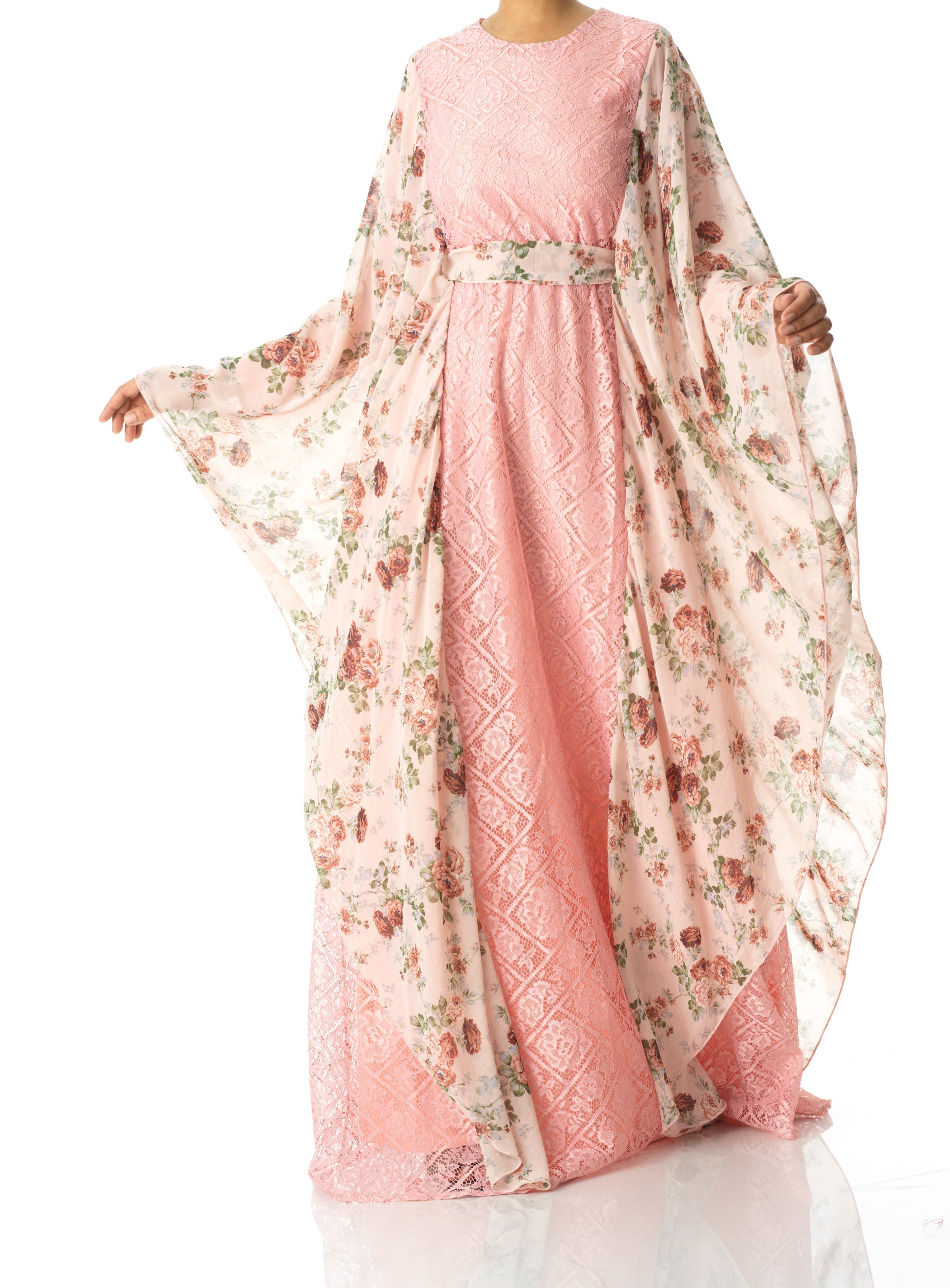 Pastel Pink floral butterfly Chiffon Kaftan abaya Kabayare