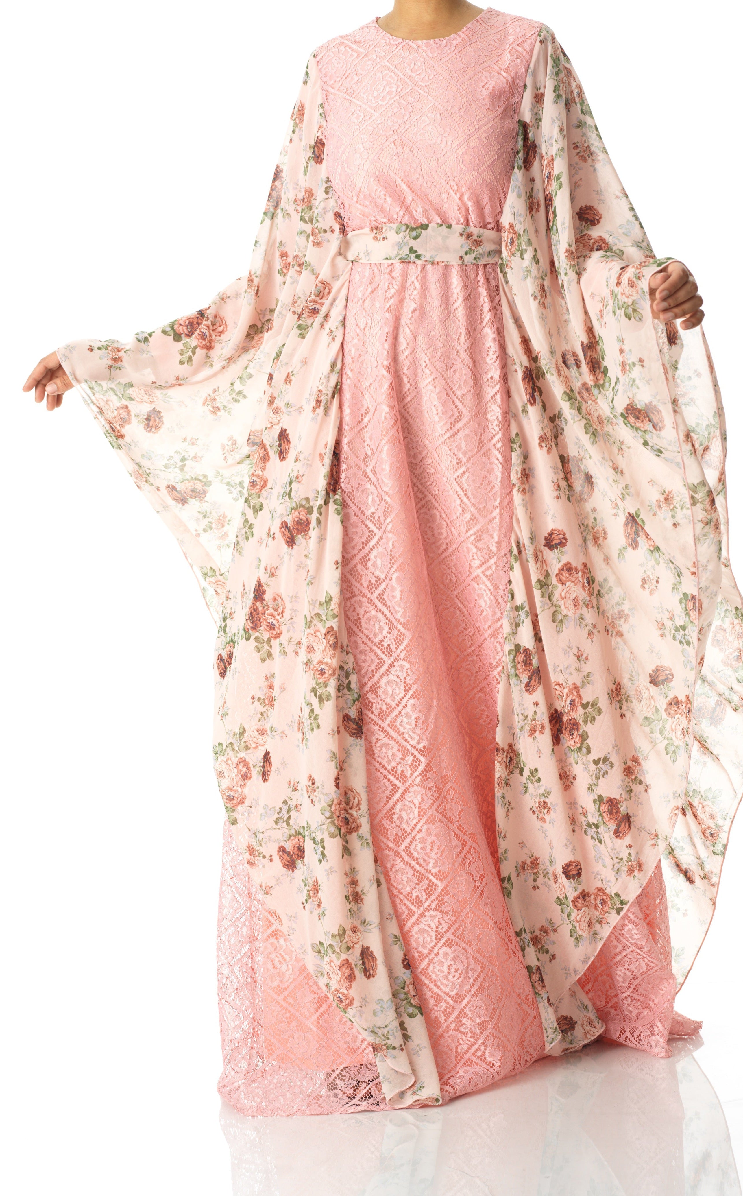 Pastel Pink floral butterfly Chiffon Kaftan abaya Kabayare