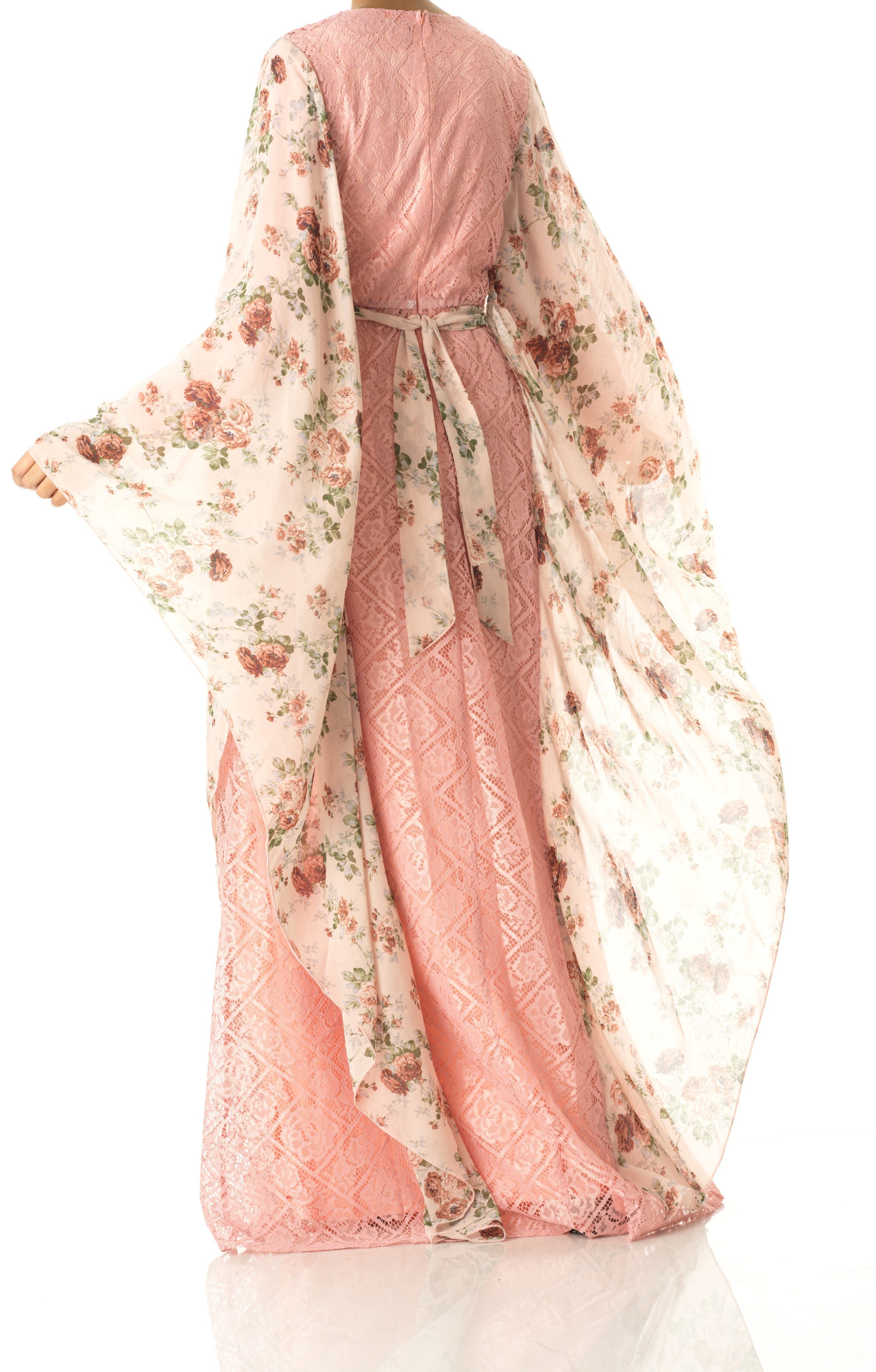 Pastel Pink floral butterfly Chiffon Kaftan abaya Kabayare