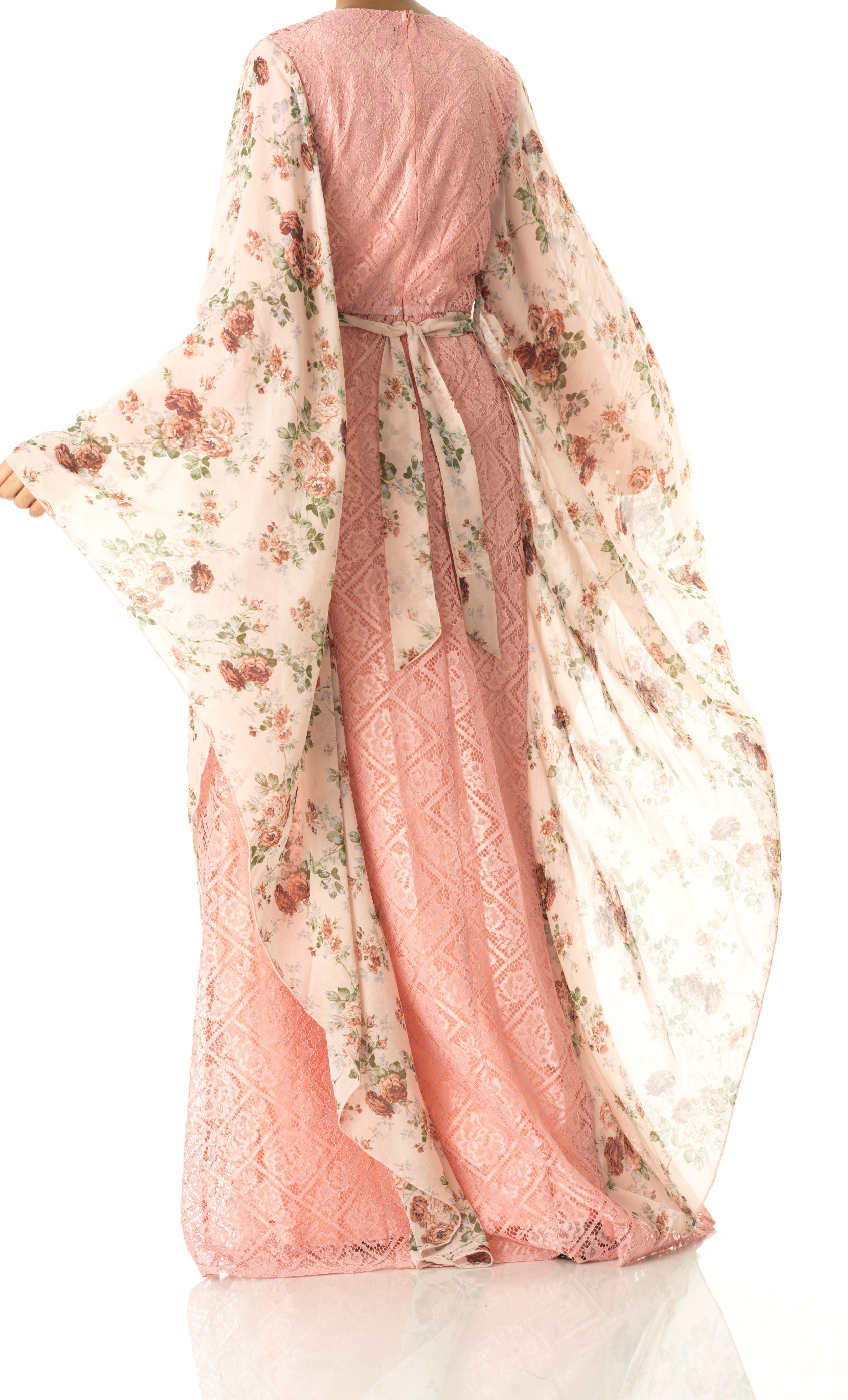 Pastel Pink floral butterfly Chiffon Kaftan abaya Kabayare