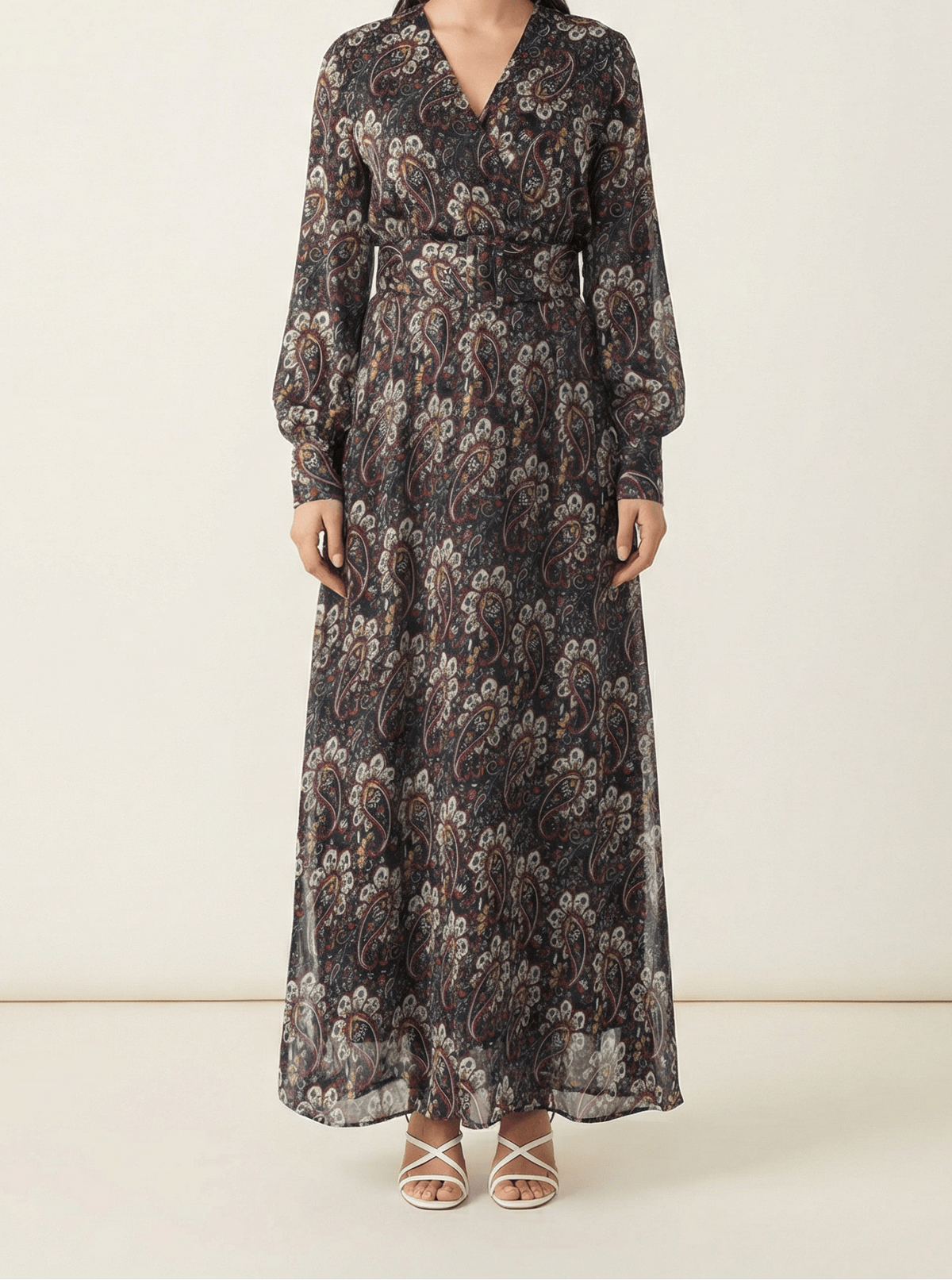 Pretty Paisley print v-neck chiffon shimmer maxi dress Kabayare