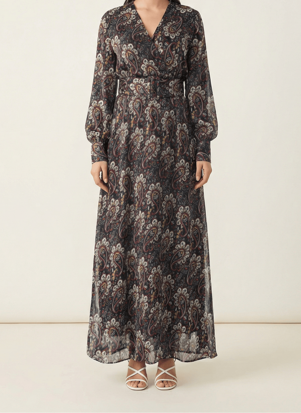 Pretty Paisley print v-neck chiffon shimmer maxi dress Kabayare