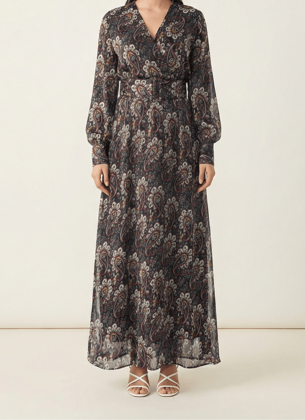 Pretty Paisley print v-neck chiffon shimmer maxi dress Kabayare